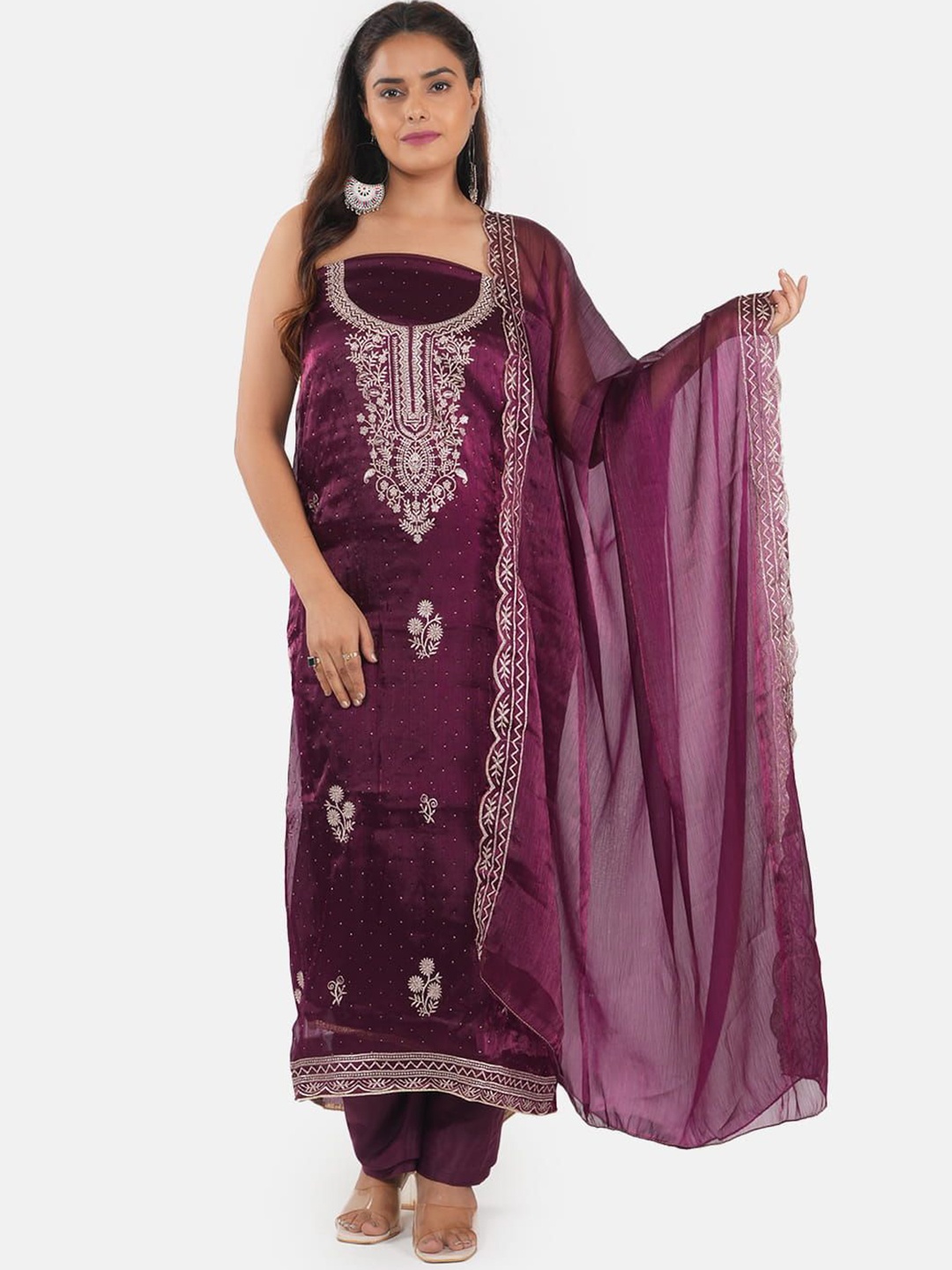 

MOZAFIA Ethnic Motifs Embroidered Zari Art Silk Unstitched Dress Material, Purple