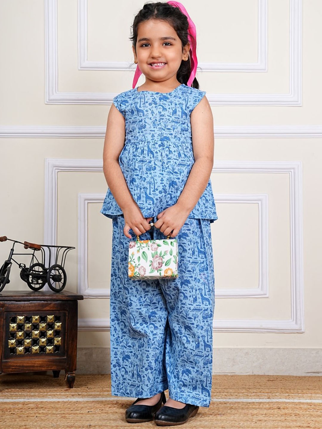 

COTLAND FASHION Girls Pure Cotton Top With Palazzos Clothing Set, Blue