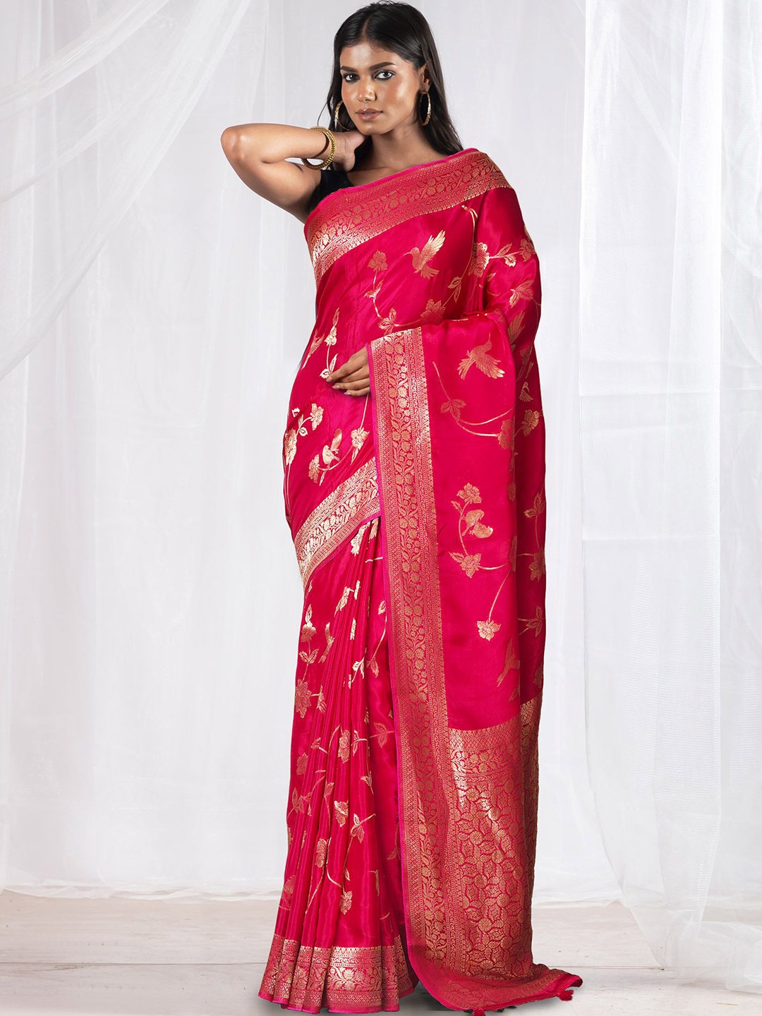 

Unnati Silks Woven Design Zari Pure Silk Banarasi Saree, Pink
