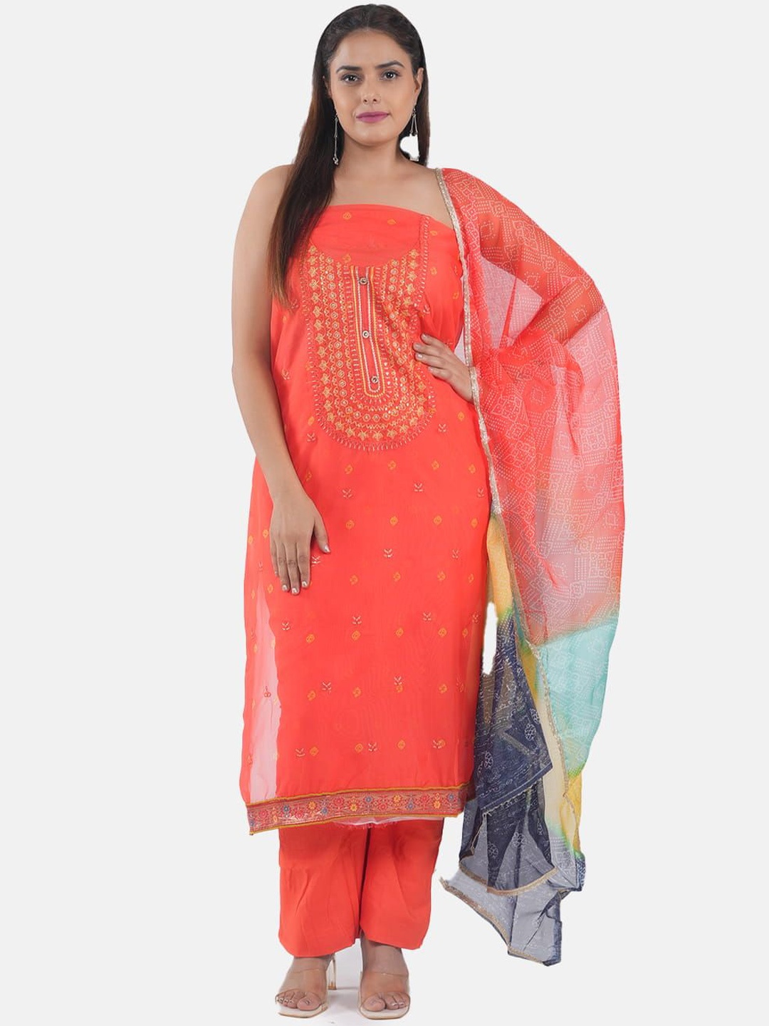 

MOZAFIA Premium Bandhani Embroidered Zari Organza Unstitched Dress Material, Orange