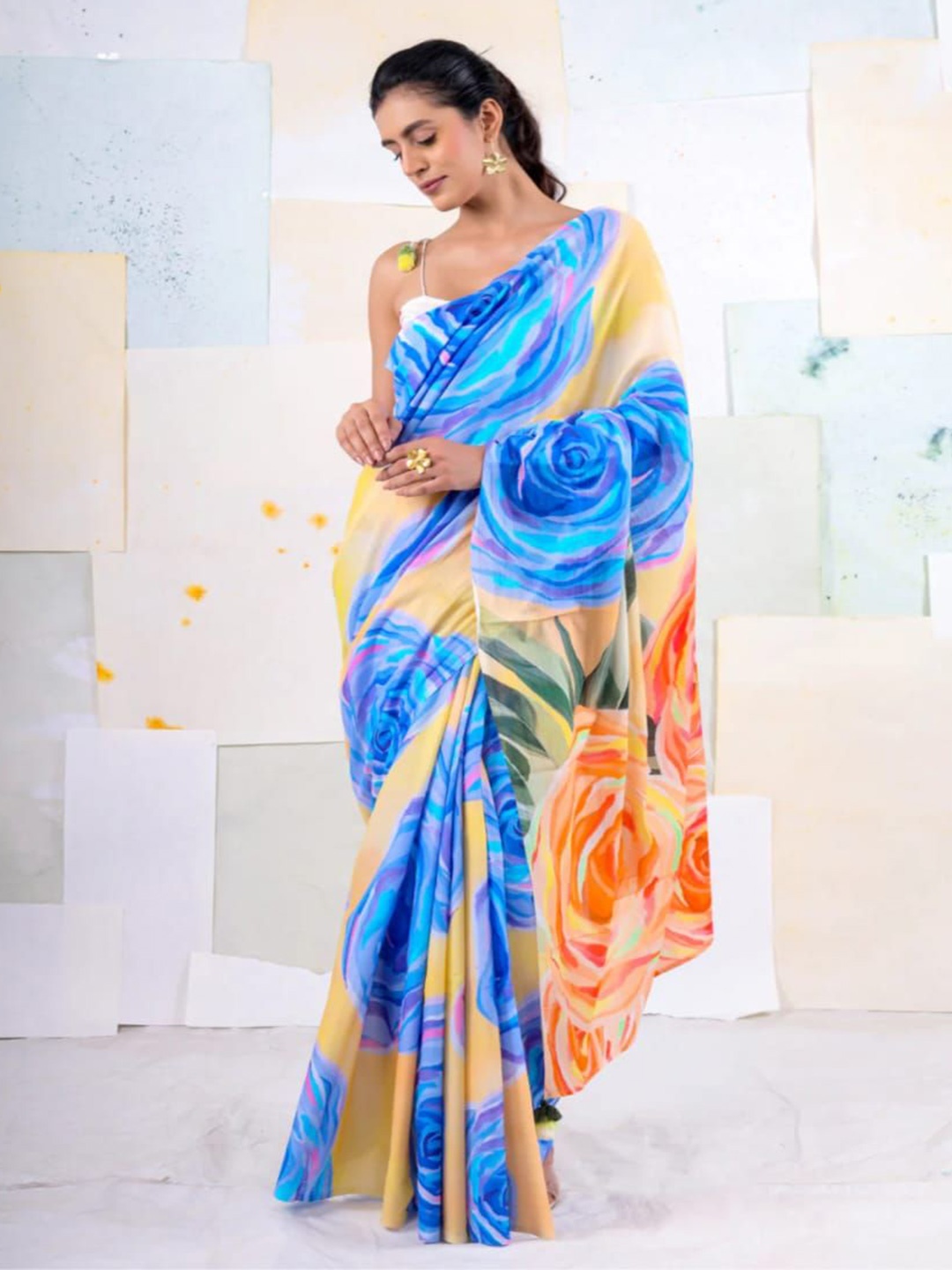 

STAVA CREATION Floral Satin Saree, Blue