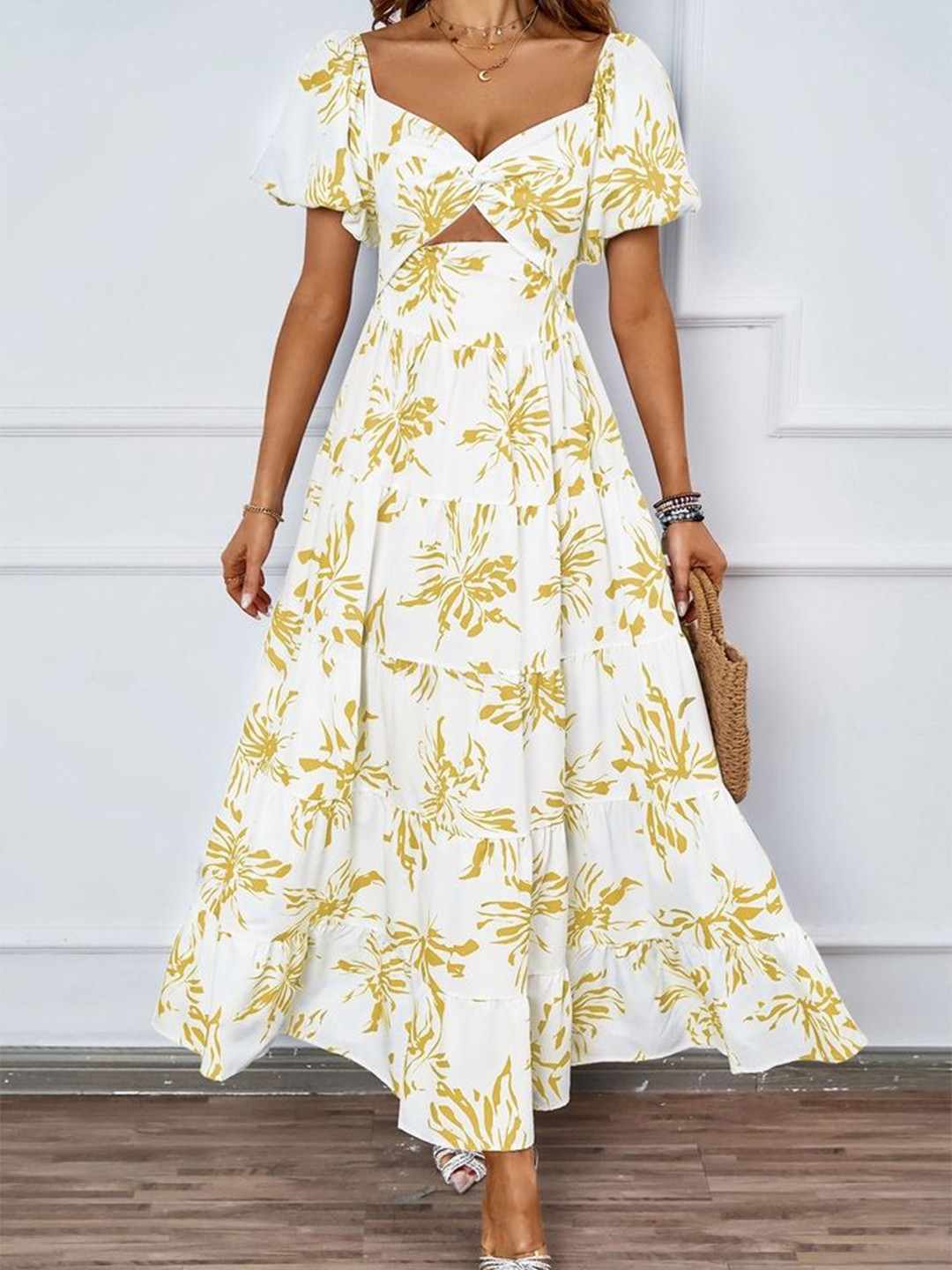 

LULU & SKY Floral Print Flutter Sleeve Maxi Dress, Yellow