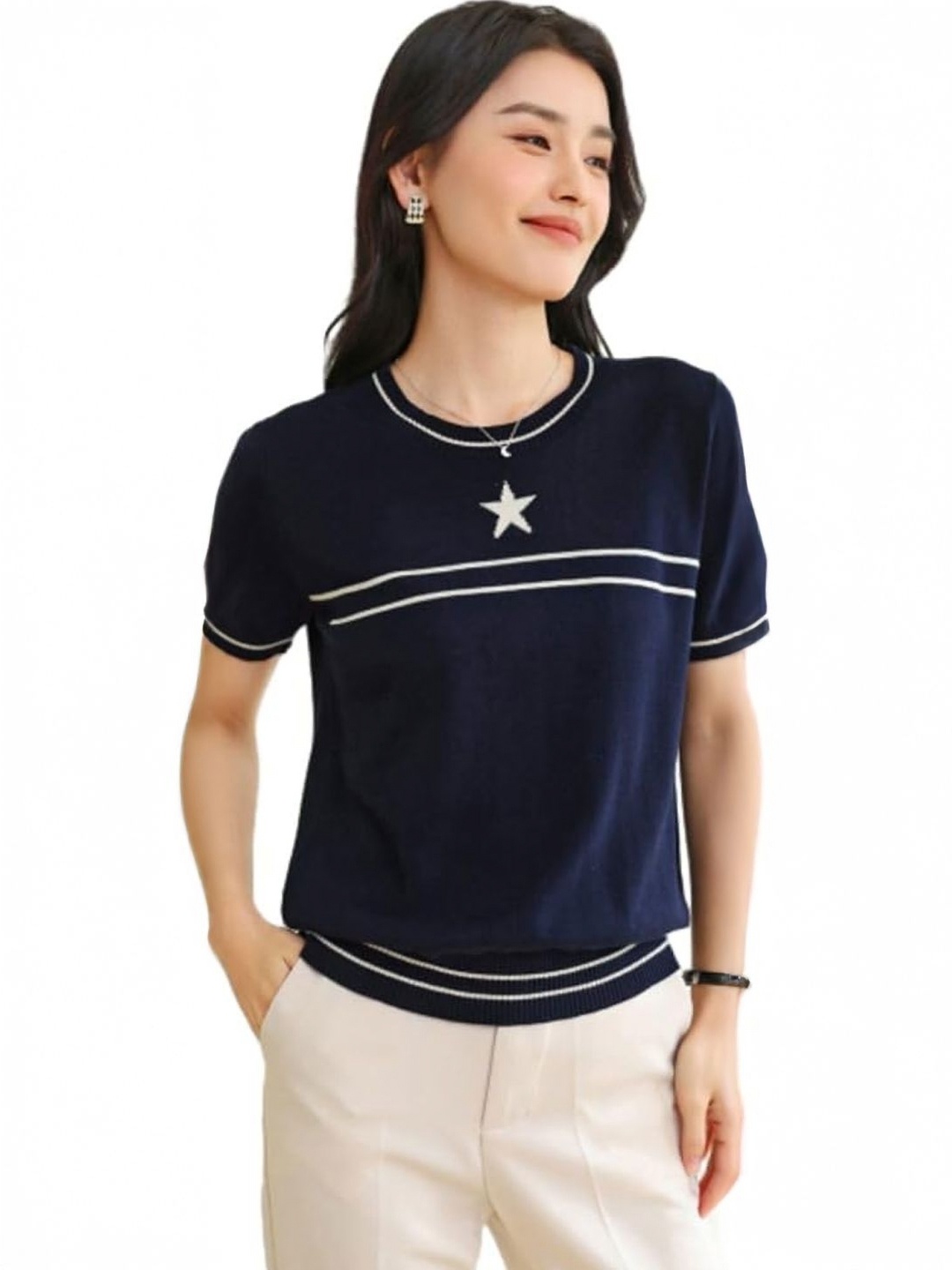 

StyleCast Women Printed Round Neck Casual T-shirt, Navy blue