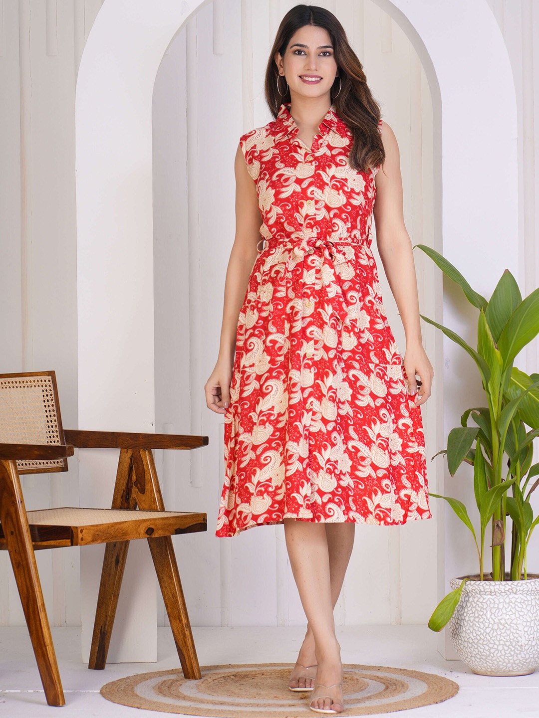 

Assamica Paisley Printed Shirt Collar Sleeveless Ethnic Dress, Orange
