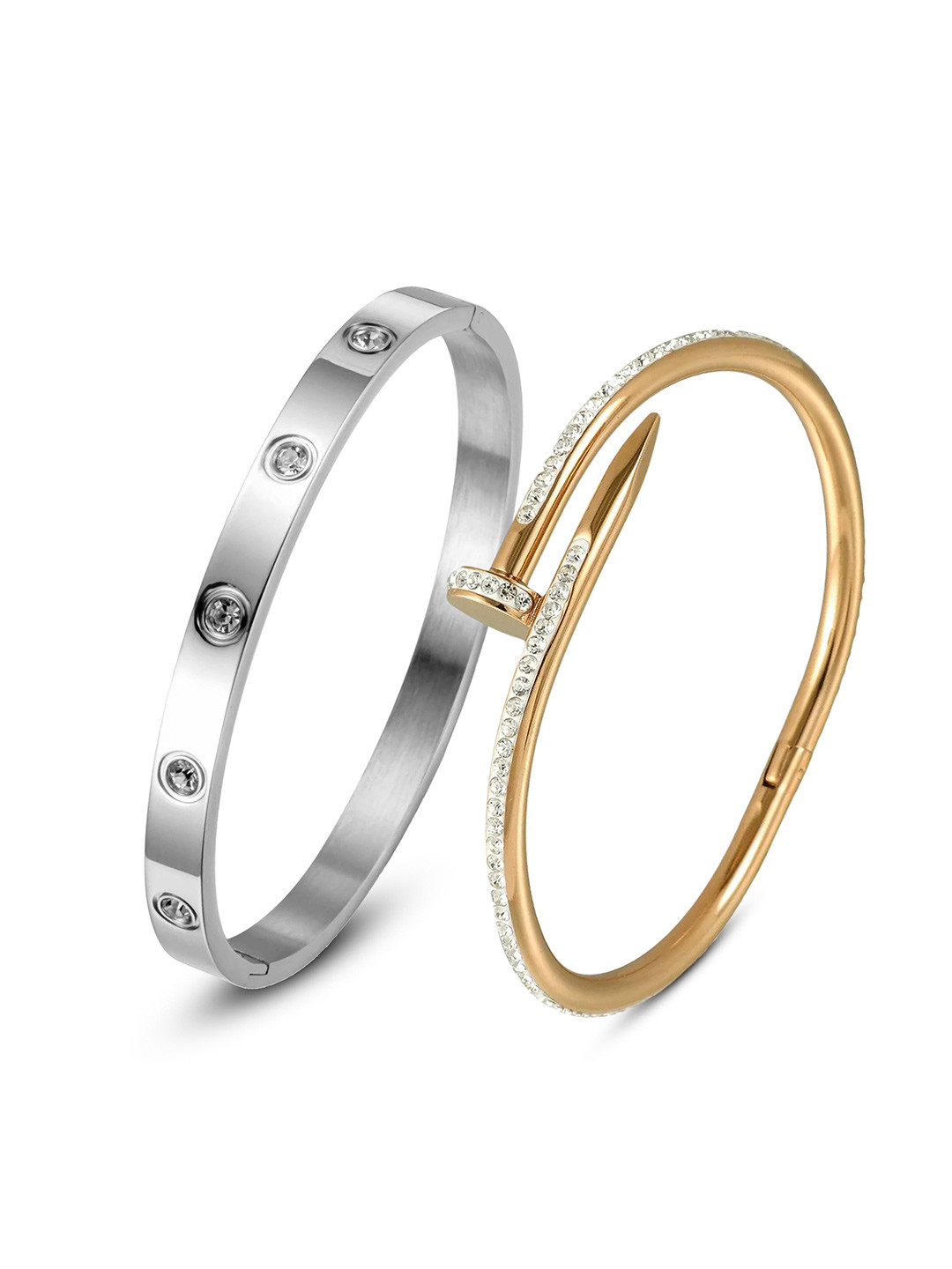 

MEENAZ Set of 2 Silver & Gold-Plated Anti Tarnish CZ-Studded Kada Bracelets