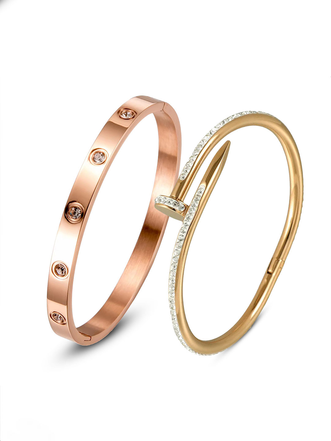 

DIVASTRI Set Of 2 Rose Gold-Plated Stainless Steel AD Anti Tarnish Evil Eye Kada Bracelets