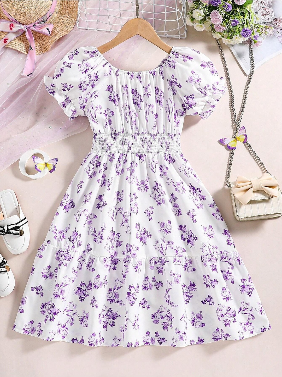 

BAESD Floral Print Flared Sleeve Fit & Flare Dress, Purple