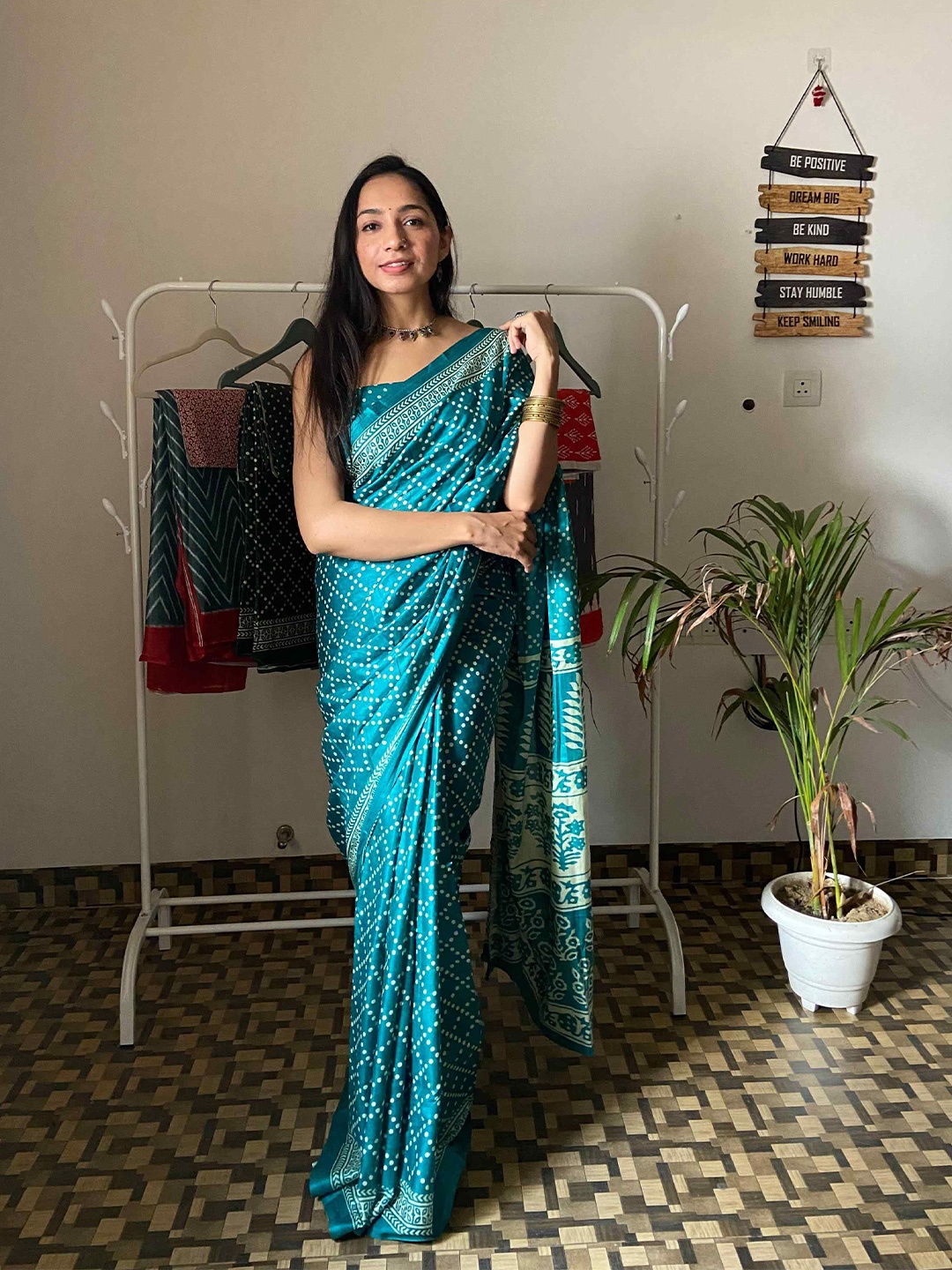 

HERE&NOW Pure Cotton Bagru Saree, Turquoise blue