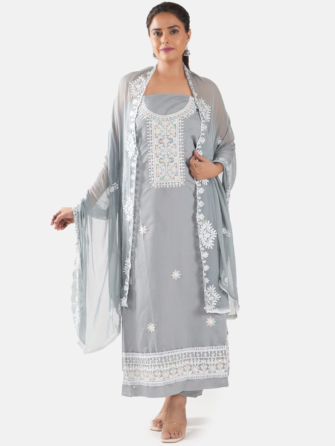 

MOZAFIA Premium Floral Embroidered Thread Work Unstitched Dress Material, Grey