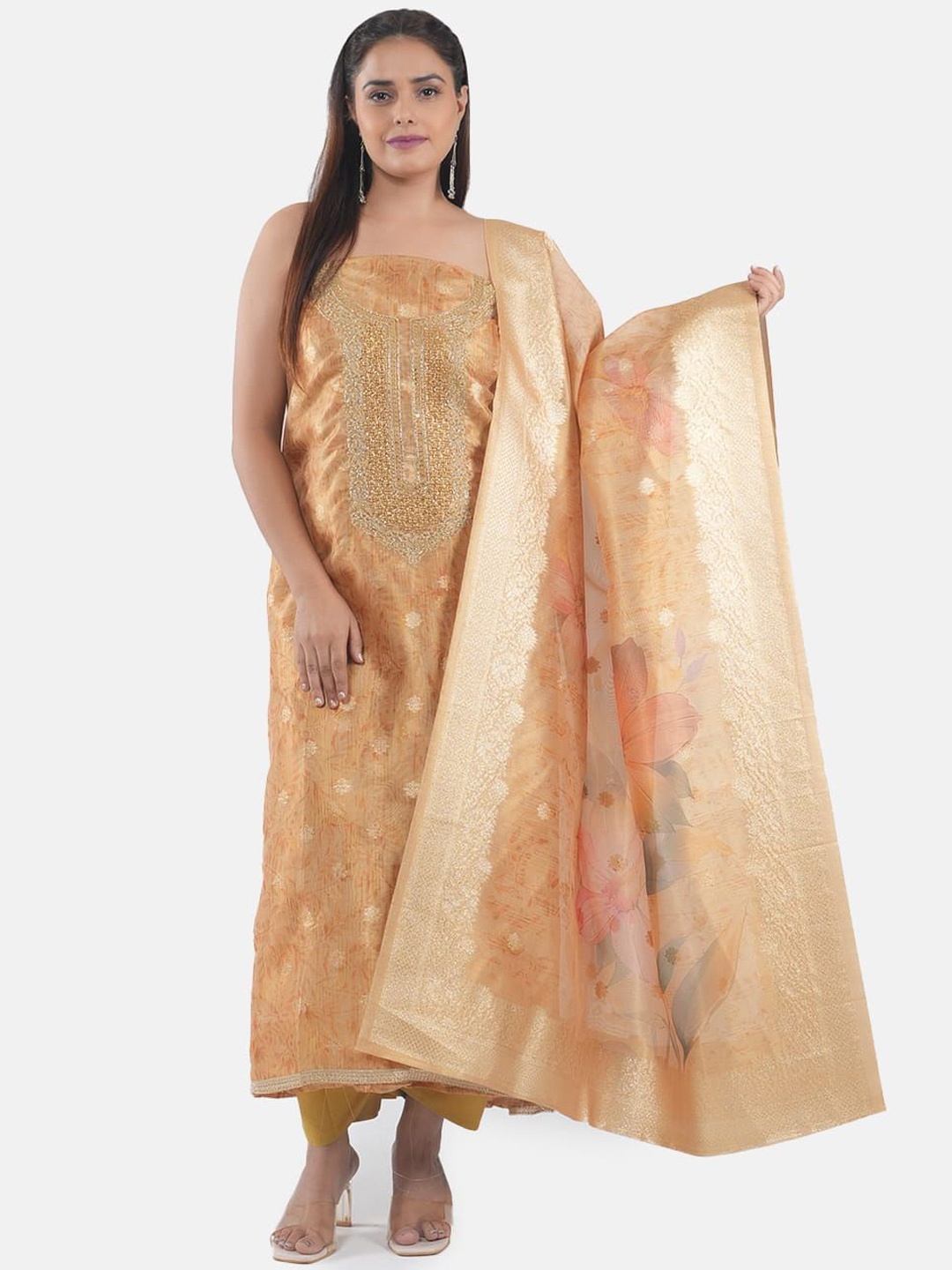 

Premium Floral Embroidered Zari Organza Unstitched Dress Material, Yellow