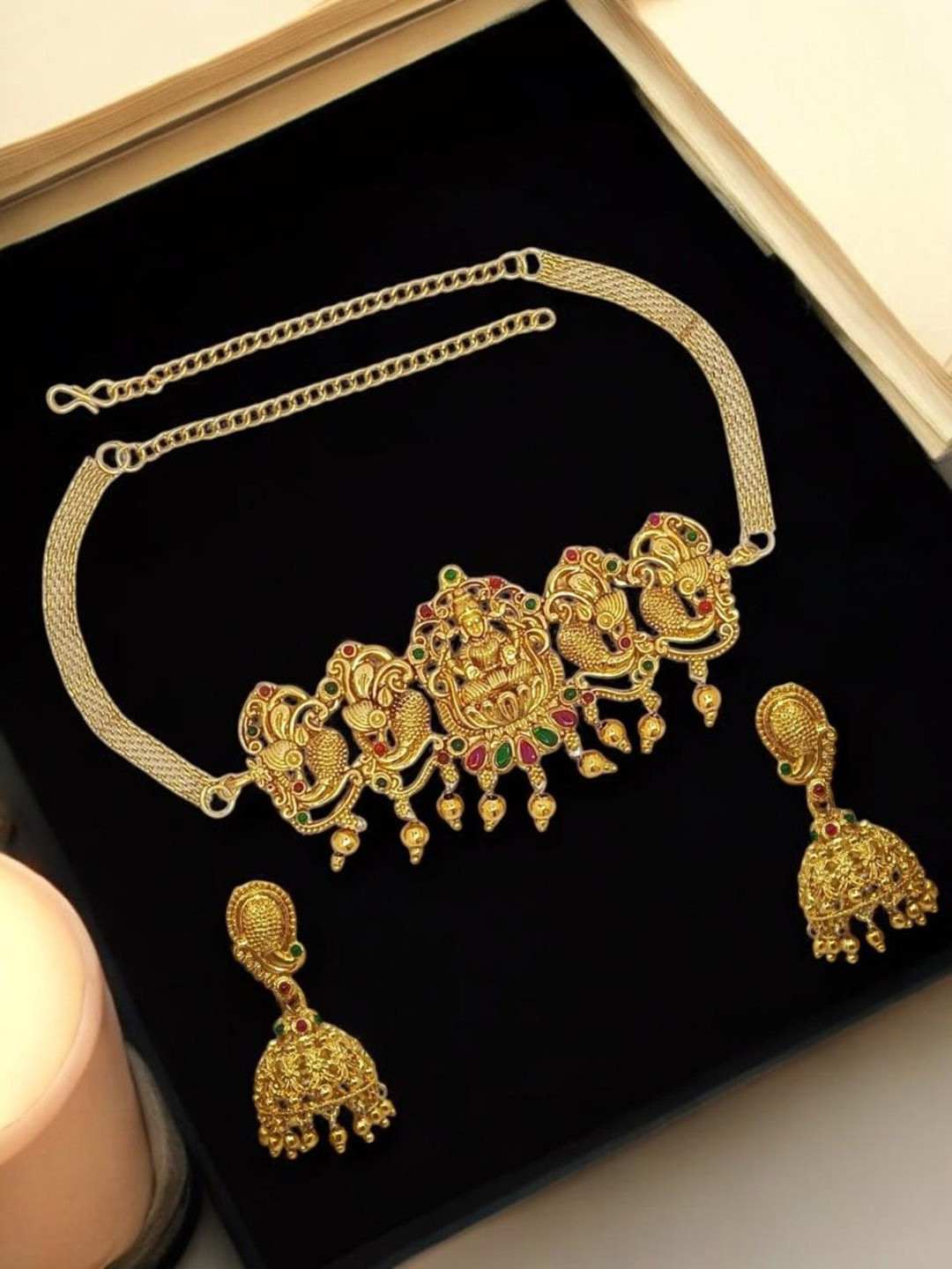 

FEMMIBELLA Gold Plated Stones Studded Temple Jewellery Set