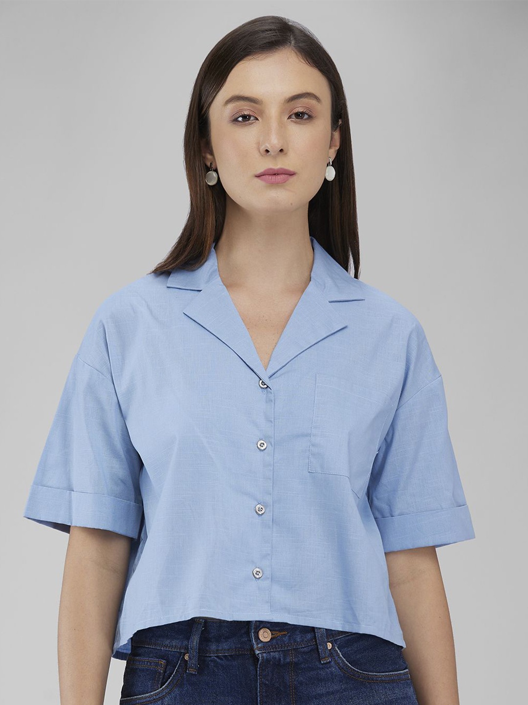 

IZEL Women Opaque Solid Cotton Boxy Fit Casual Shirt, Blue