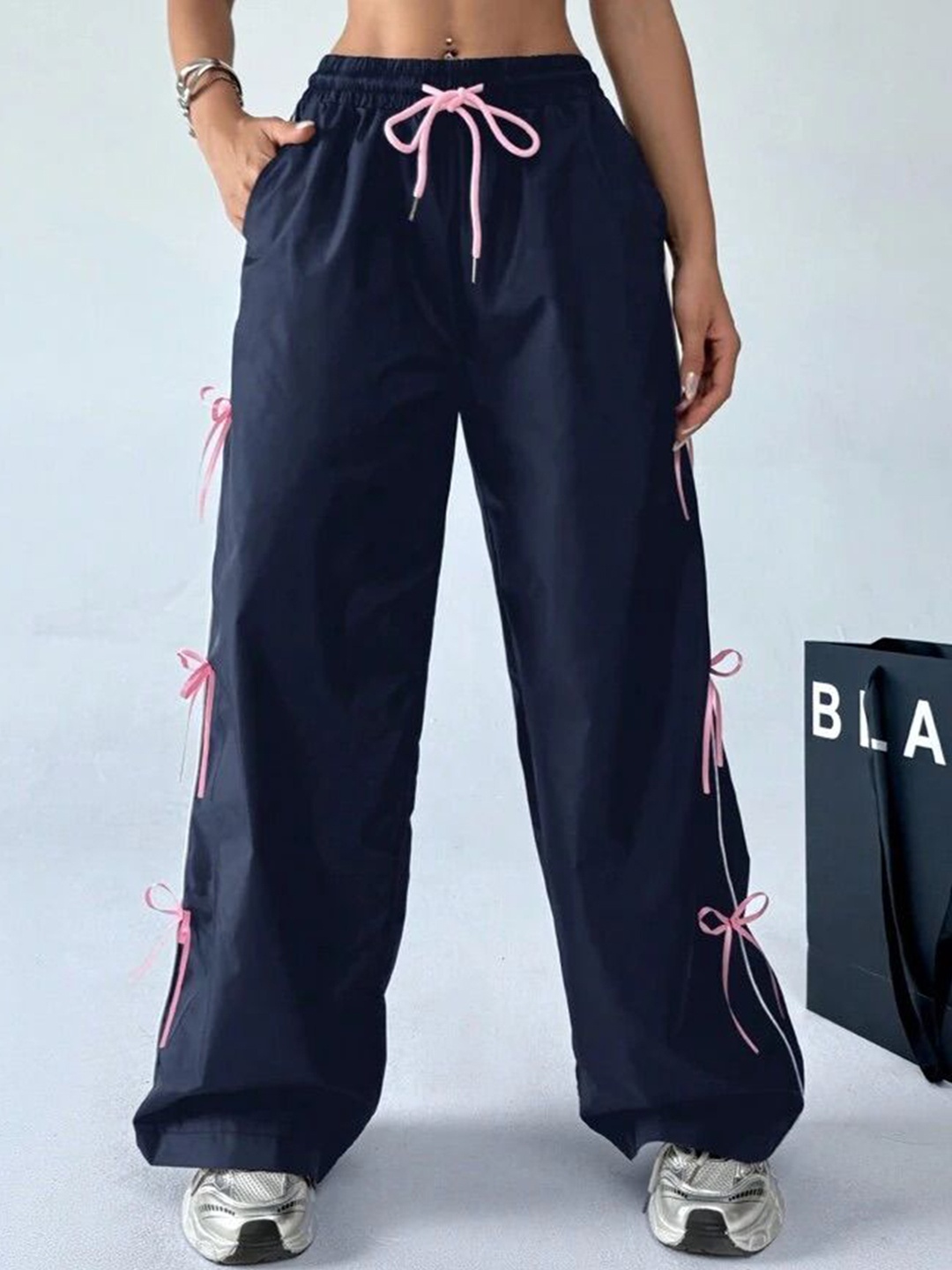 

SAAHASAM Women Striped Relaxed Loose Fit Trousers, Navy blue