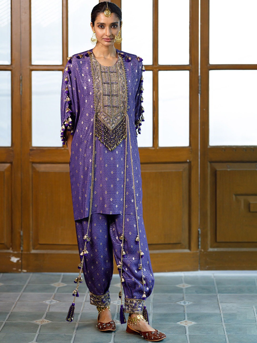 

Payal Singhal Women Ethnic Motifs Embroidered Panelled Dupion Silk Kurta with Salwar, Purple