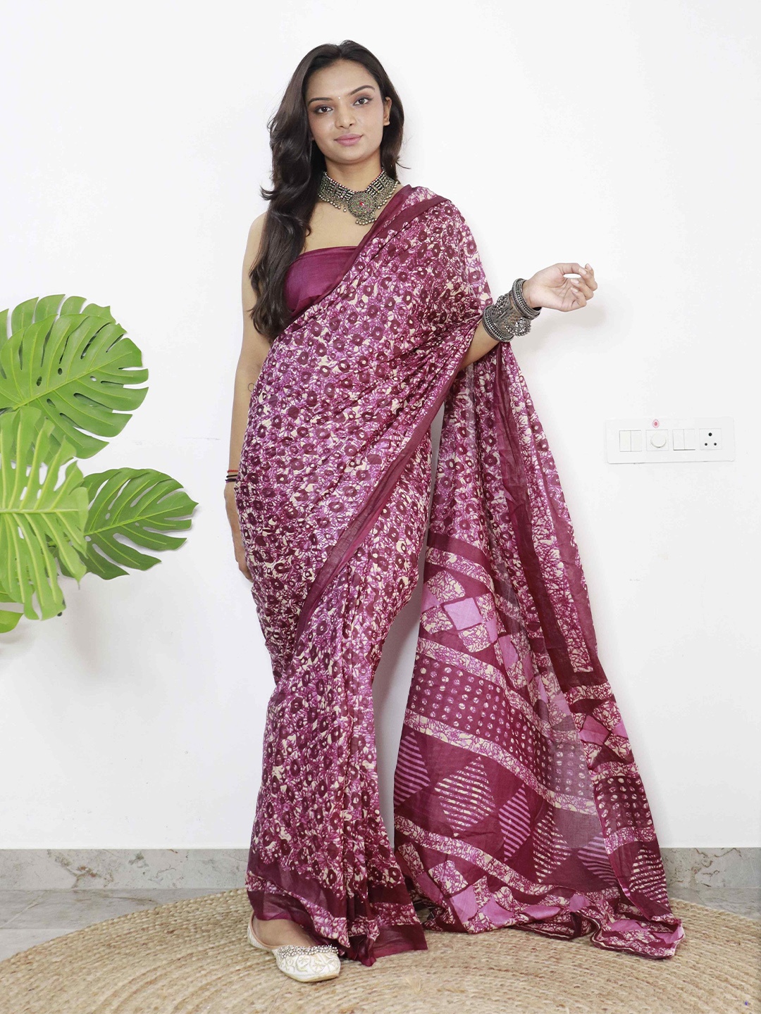 

HERE&NOW Ethnic Motifs Pure Cotton Bagru Saree, Purple