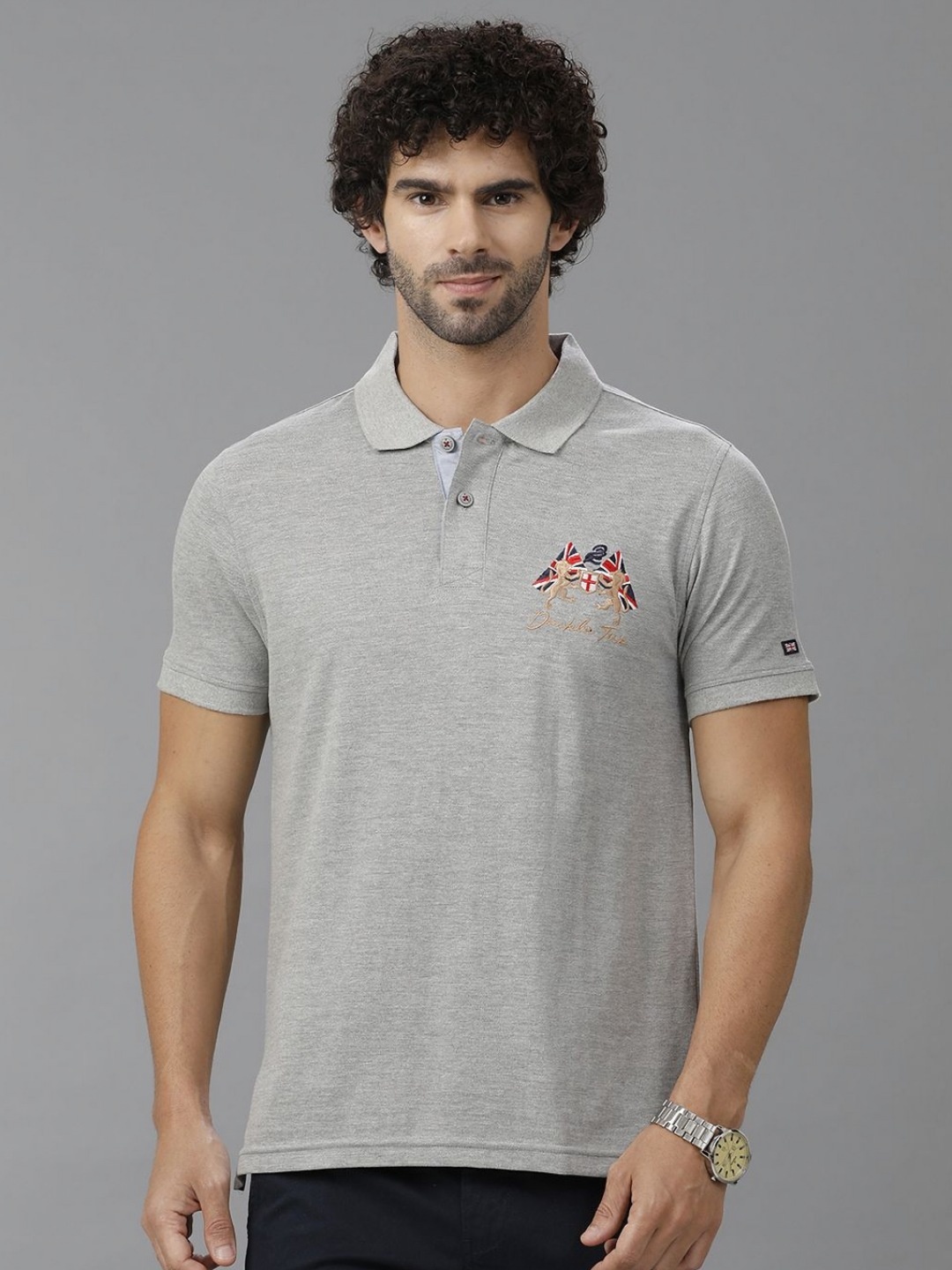 

Double Two Men Avengers Polo Collar Applique Slim Fit T-shirt, Grey