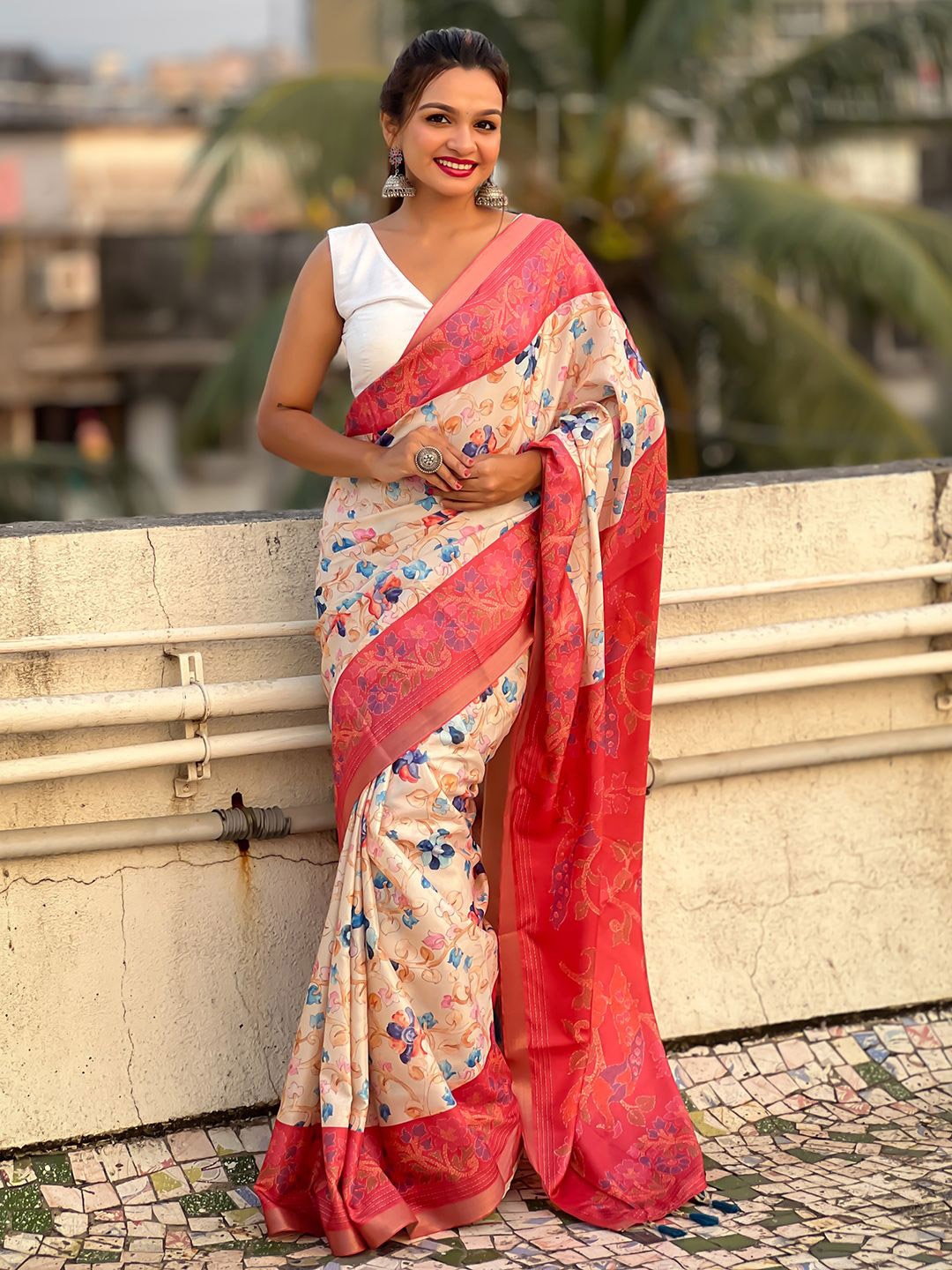 

Panzora Floral Printed Tussar Saree, Cream