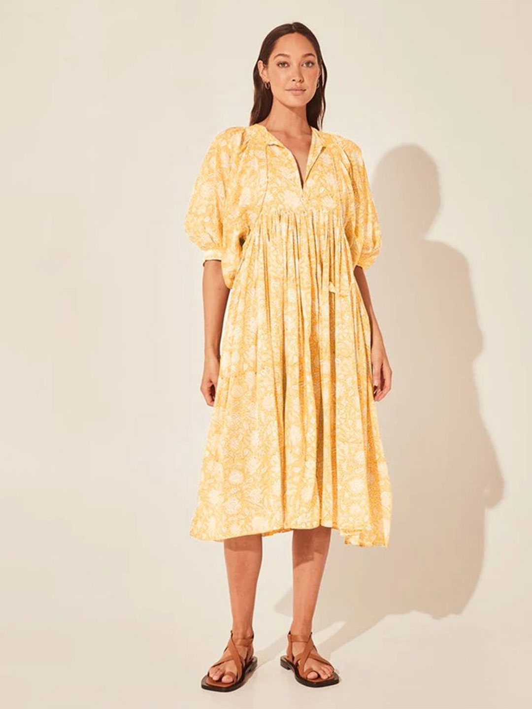 

LULU & SKY Floral Print Puff Sleeve A-Line Midi Dress, Yellow