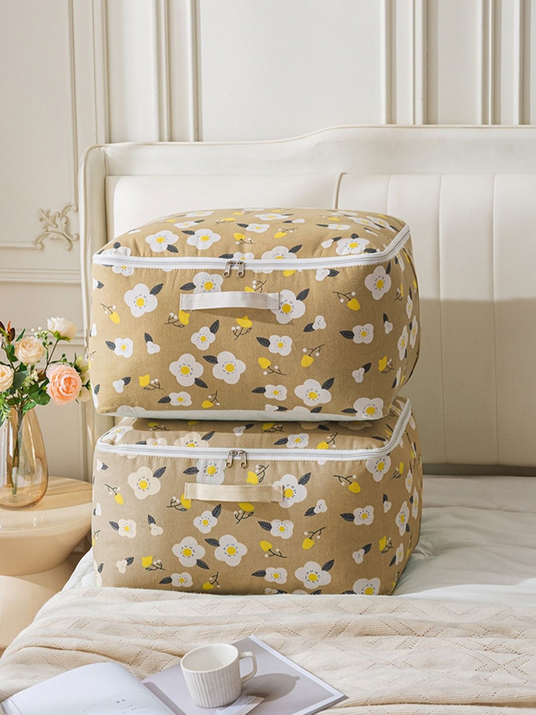

HOKIPO Brown & White 2 Pieces Floral Printed Storage Organisers