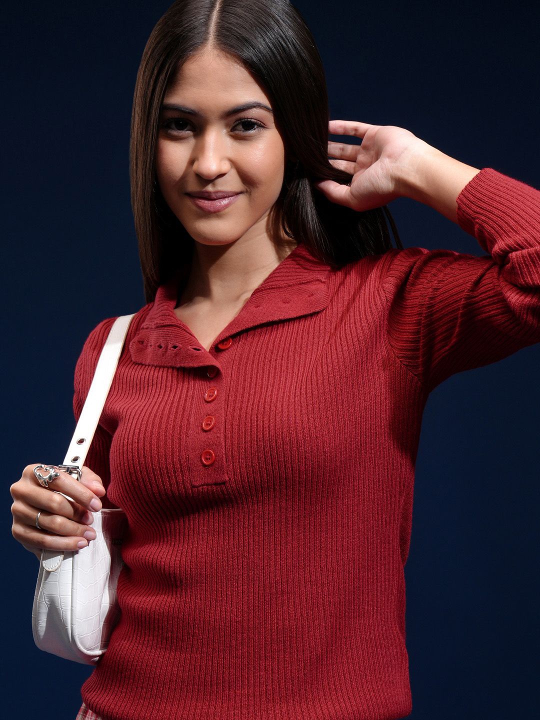 

Basics By Tokyo Talkies Women Ribbed Pullover, Red