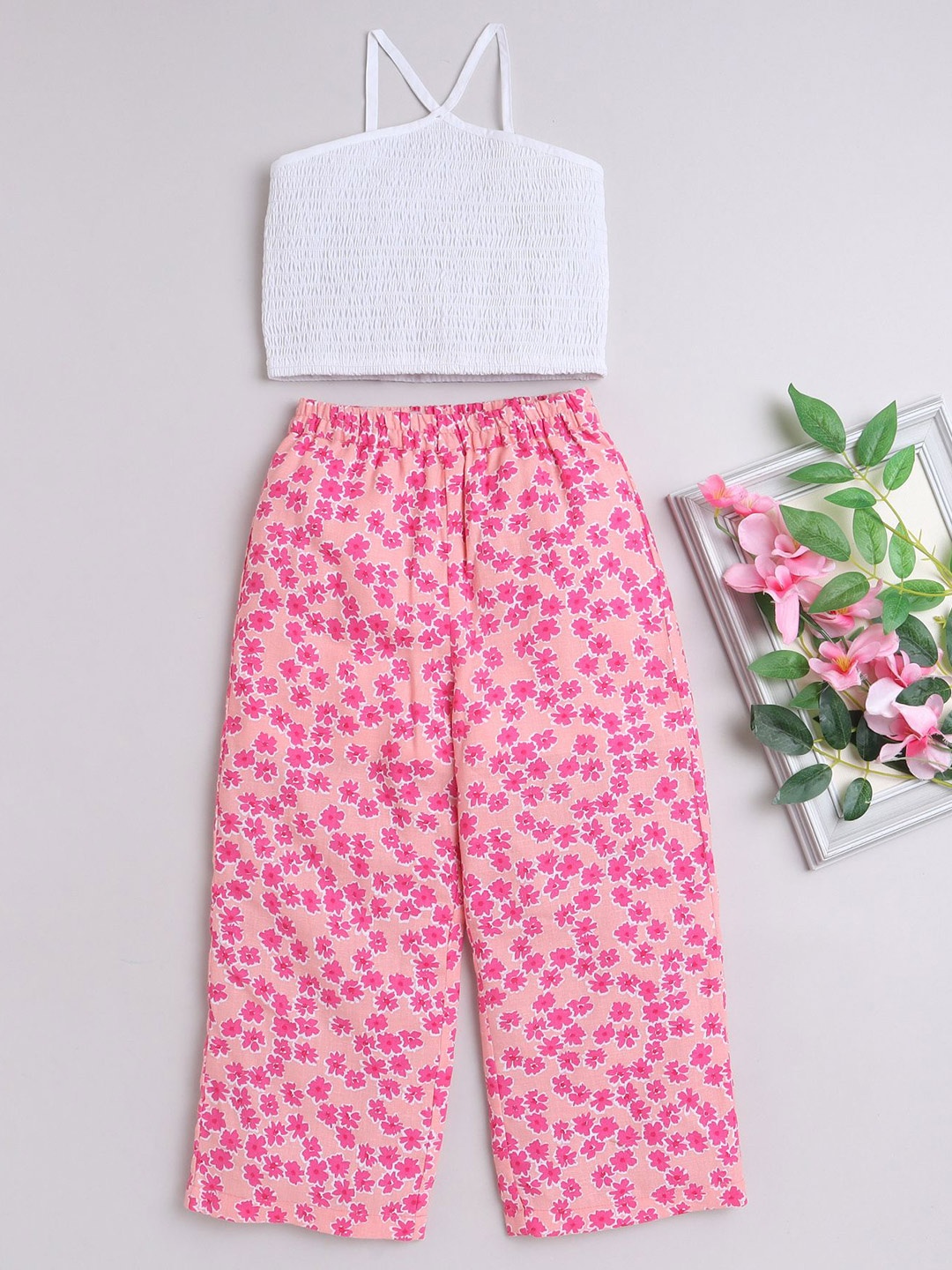 

taffykids Girls Halter Neck Smocked Linen Crop Top With Printed Trousers, White