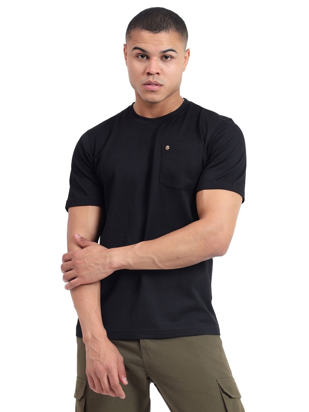 

MENTOOS Men Round Neck Textured Cotton T-shirt, Black