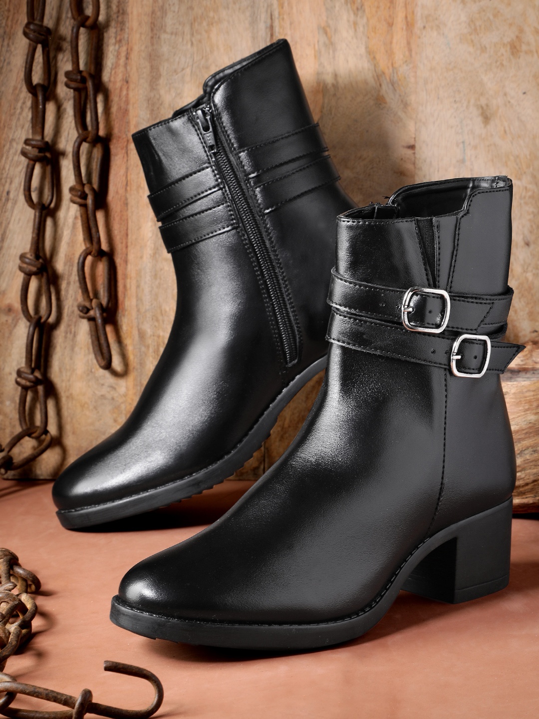

The Roadster Life Co. Women Mid-Top Block Heel Regular Boots With Buckle Detail, Black