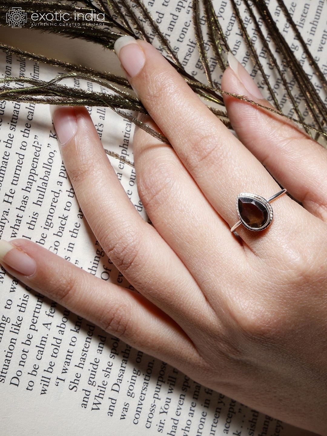 

Exotic India Smoky Quartz Gemstone Teardrop Shape Sterling Silver Ring