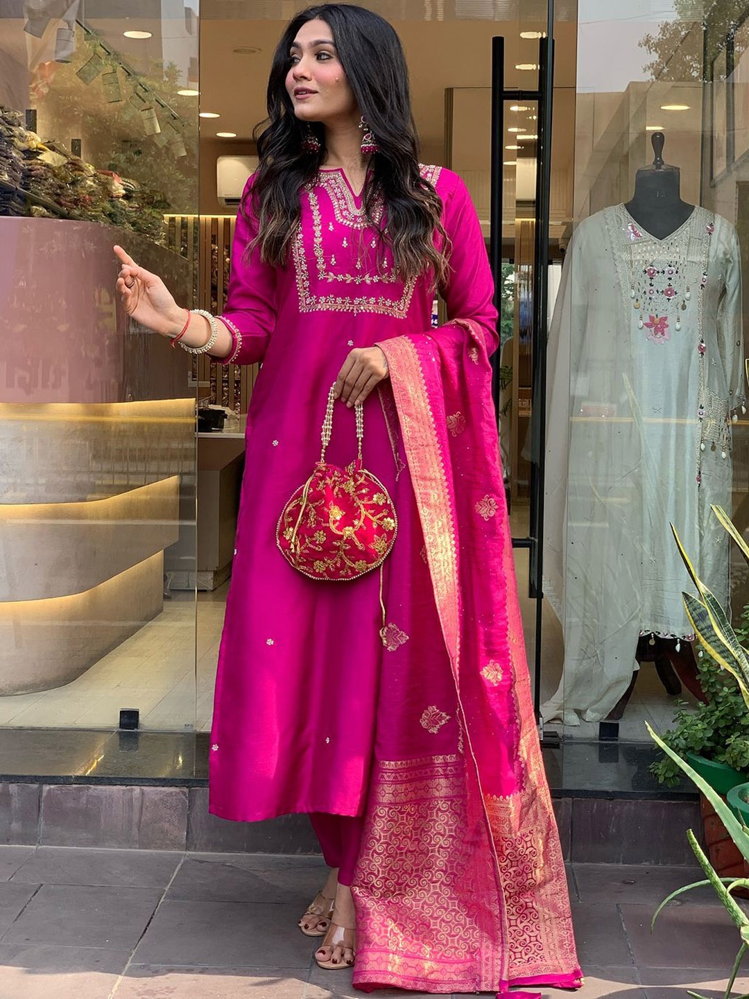 

KALINI Ethnic Motifs Embroidered Chanderi Silk Straight Kurta With Trouser & Dupatta, Pink