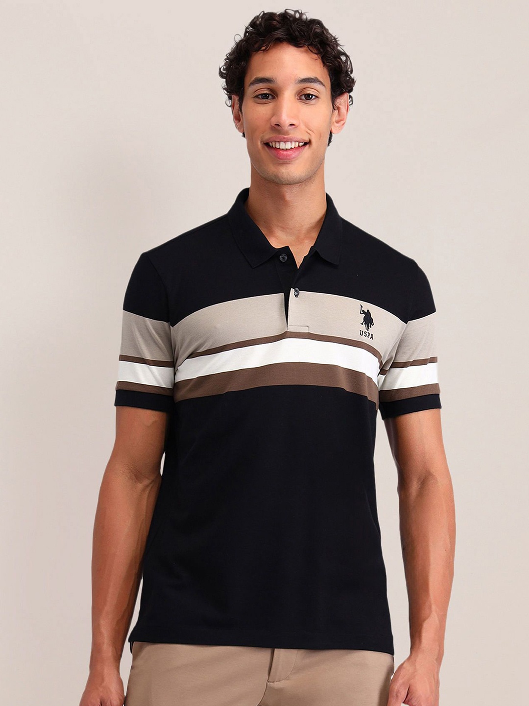 

U.S. Polo Assn. Men Striped Polo Collar Pockets Slim Fit T-shirt, Black