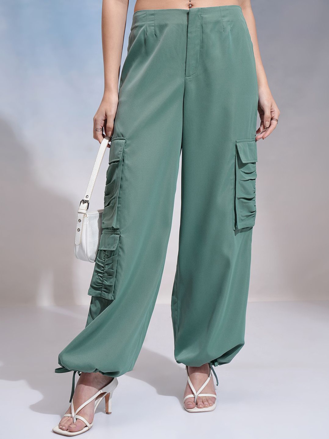 

CHIC BY TOKYO TALKIES Women Flared Pleated Cargos Trousers, Green