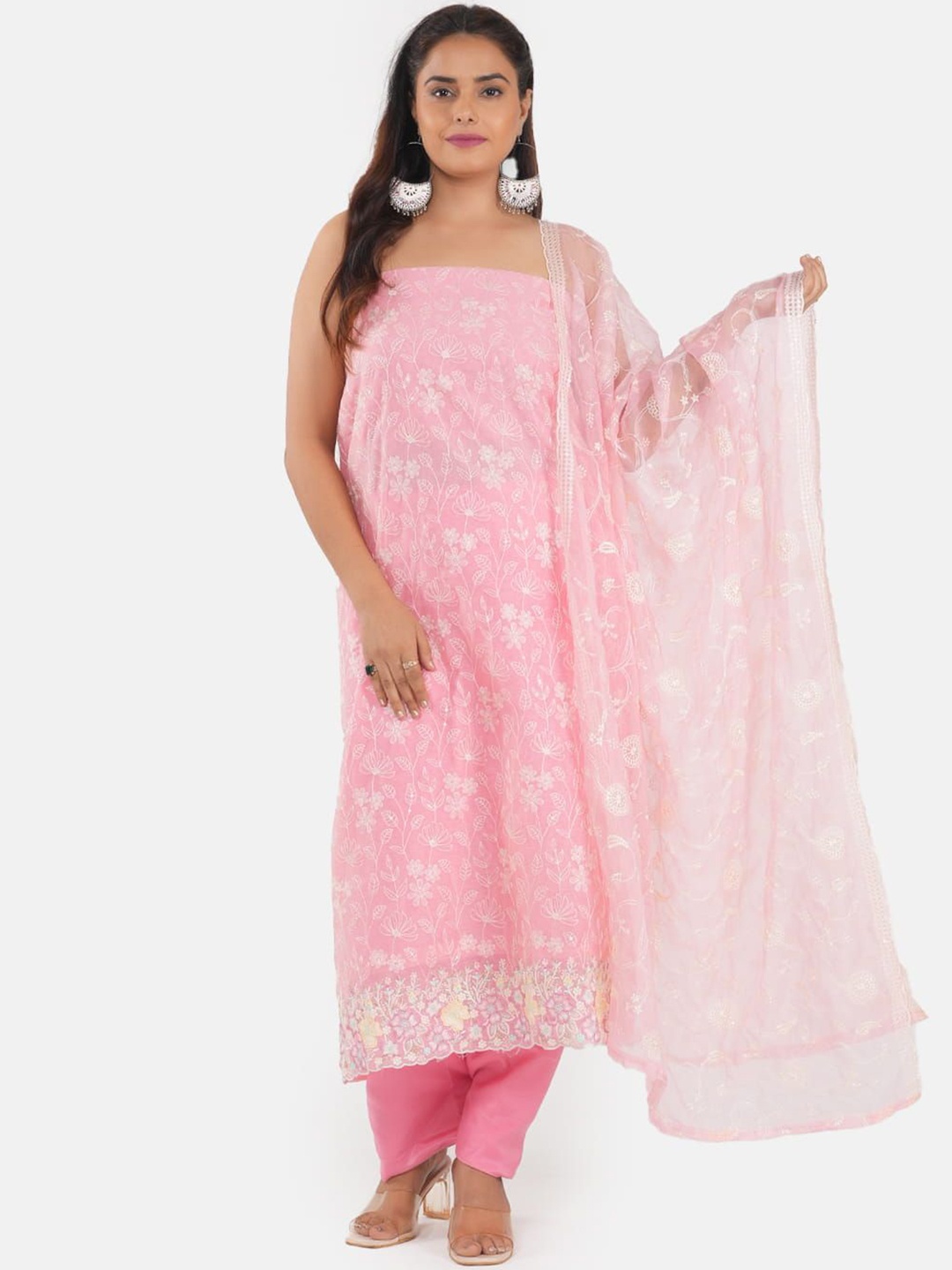 

MOZAFIA Floral Embroidered Unstitched Dress Material, Pink