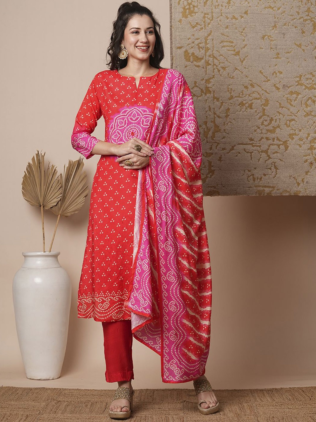 

FASHOR Red Bandhani Printed Round Neck Regular Kurta With Trouser With Dupatta