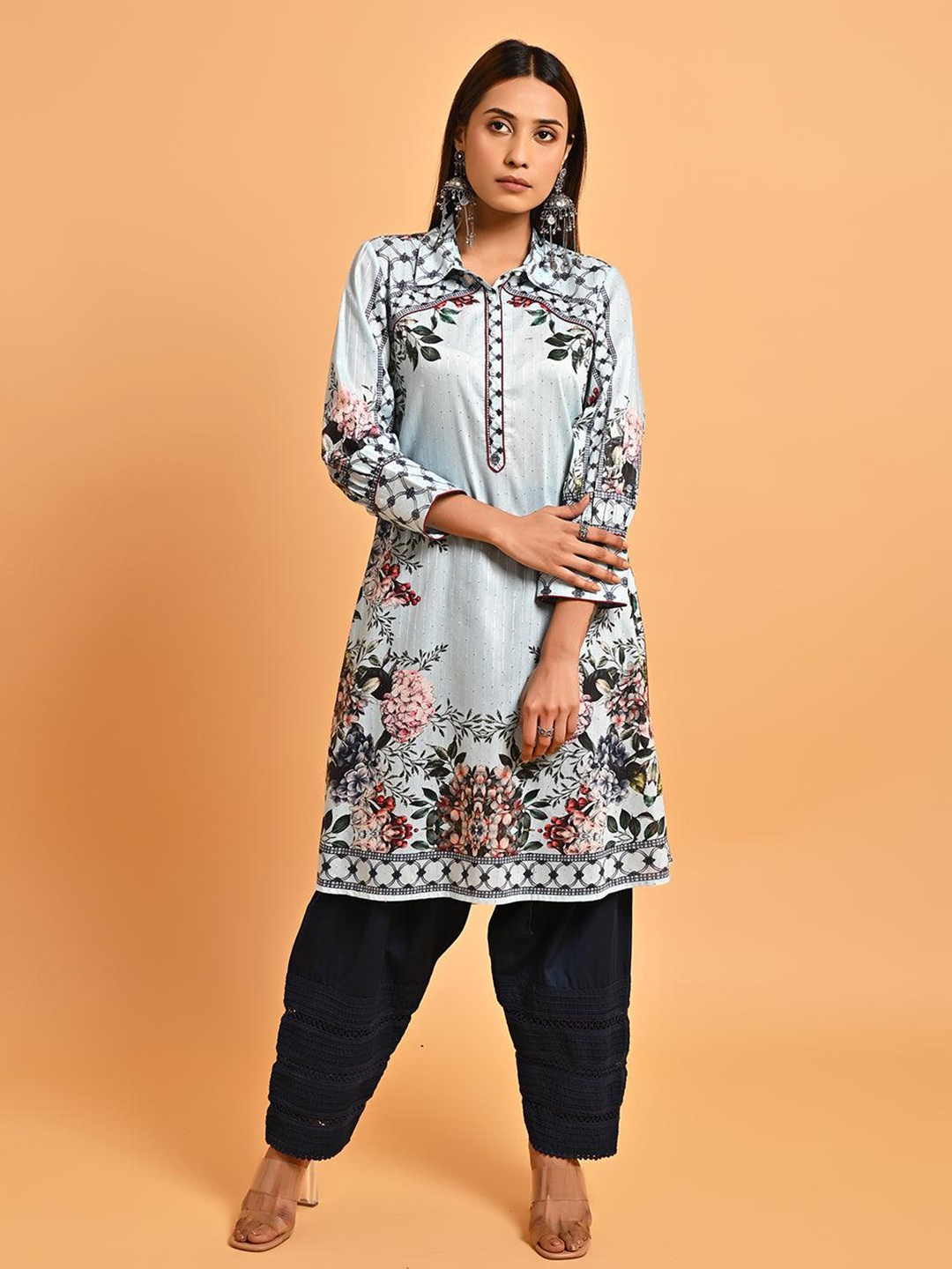 

Lakshita Floral Printed Sequined Shirt Collar A-Line Kurta, Blue