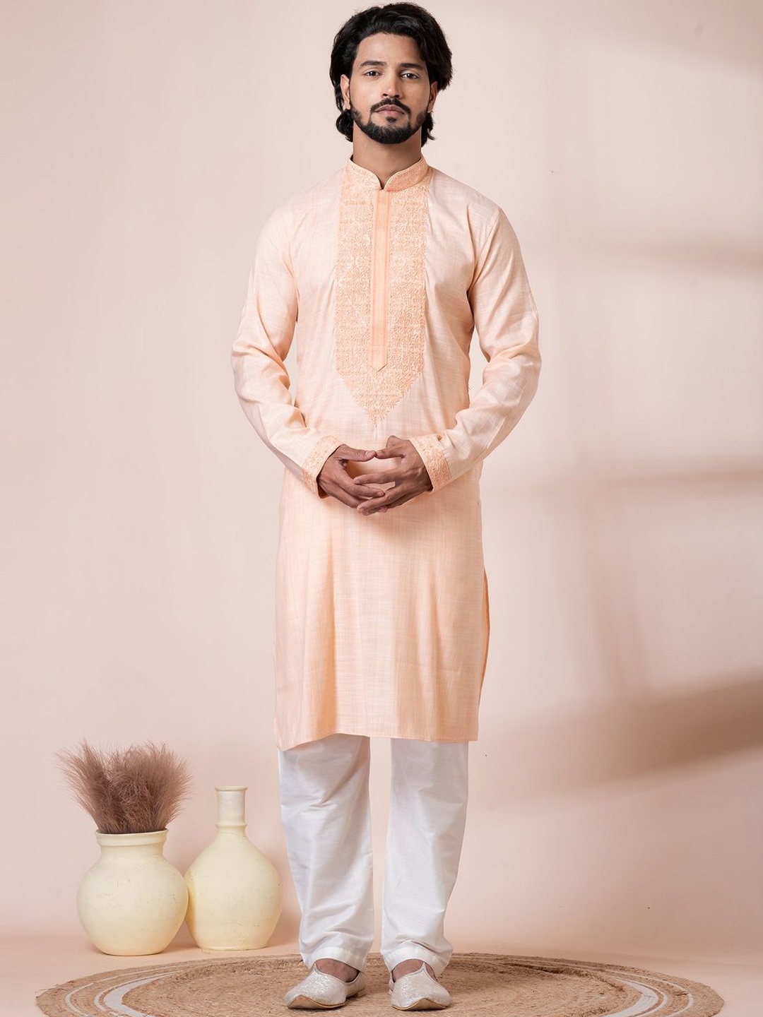 

HU - Handcrafted Uniquely Men Yoke Design Kurta, Peach