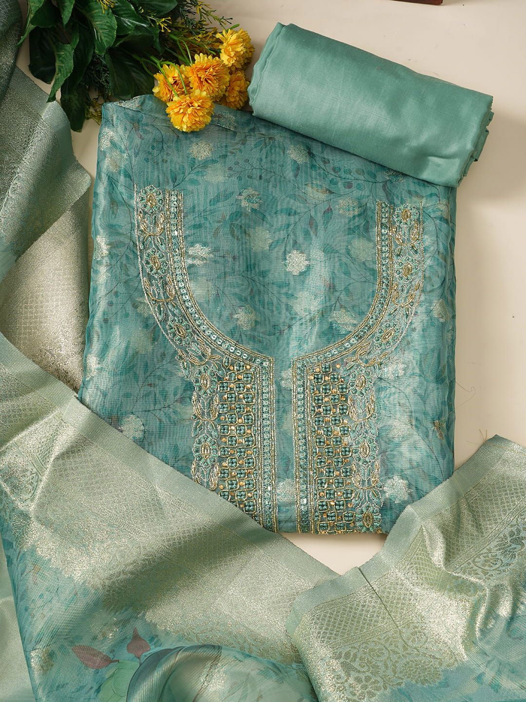

MOZAFIA Premium Floral Embroidered Zari Organza Unstitched Dress Material, Green