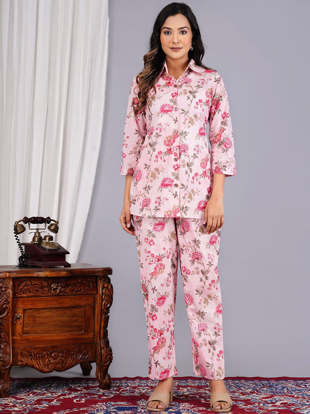 

KALINI Printed Pure Cotton Shirt With Trouser, Pink