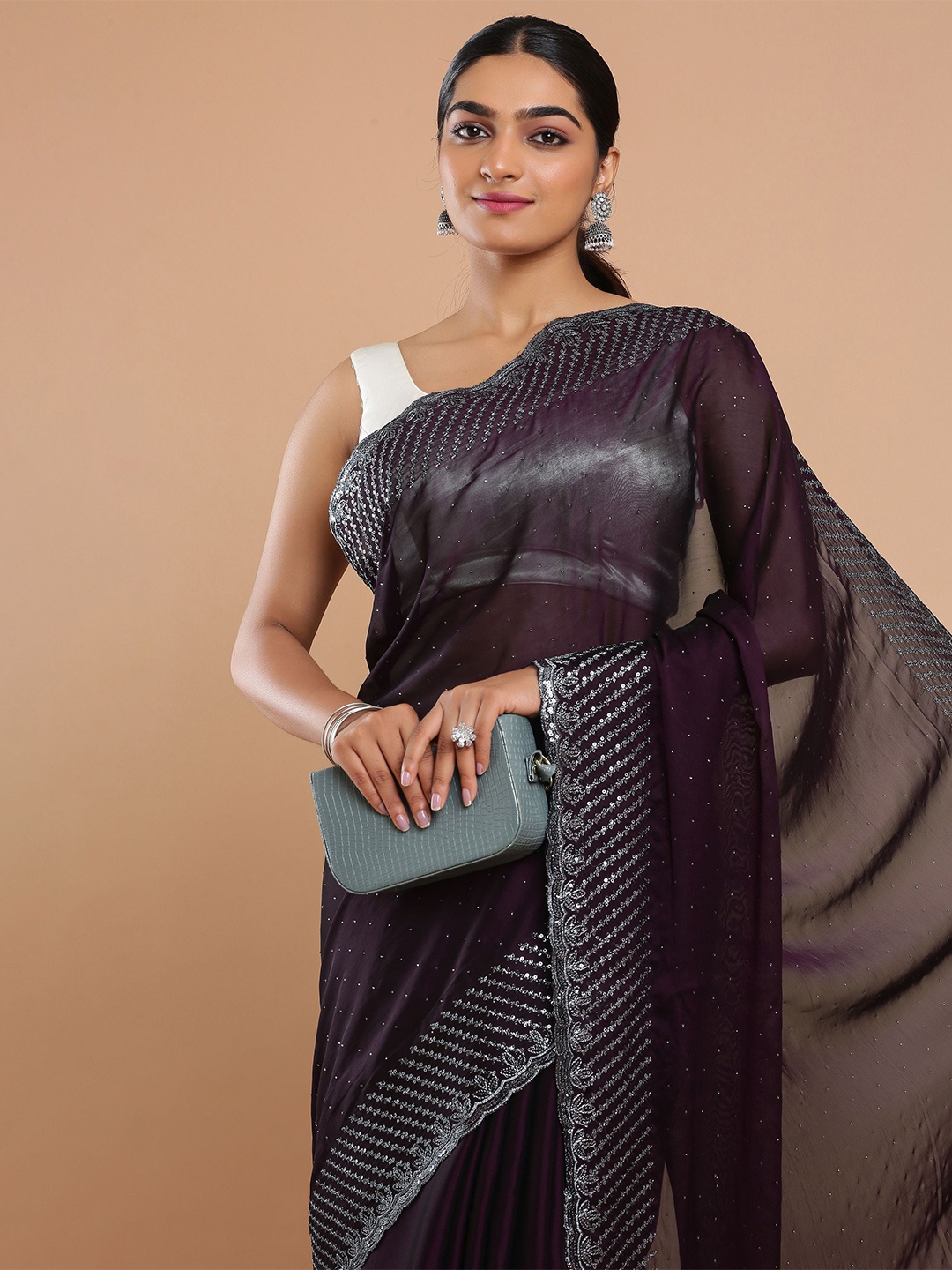 

Kalyan Silks Embellished Beads and Stones Poly Georgette Saree, Violet