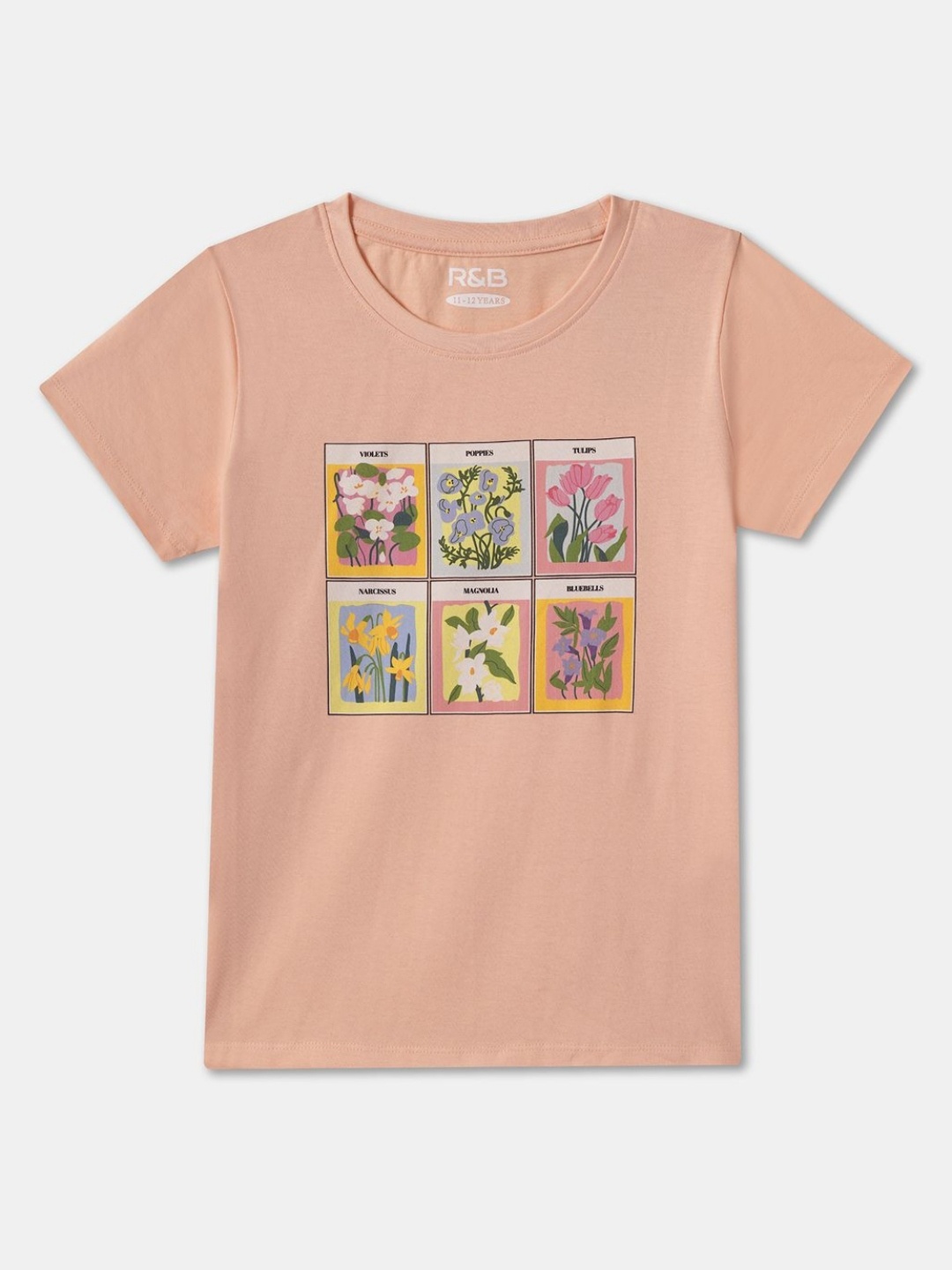 

R&B Girls Floral Printed Short Sleeves Cotton Casual T-shirt, Peach