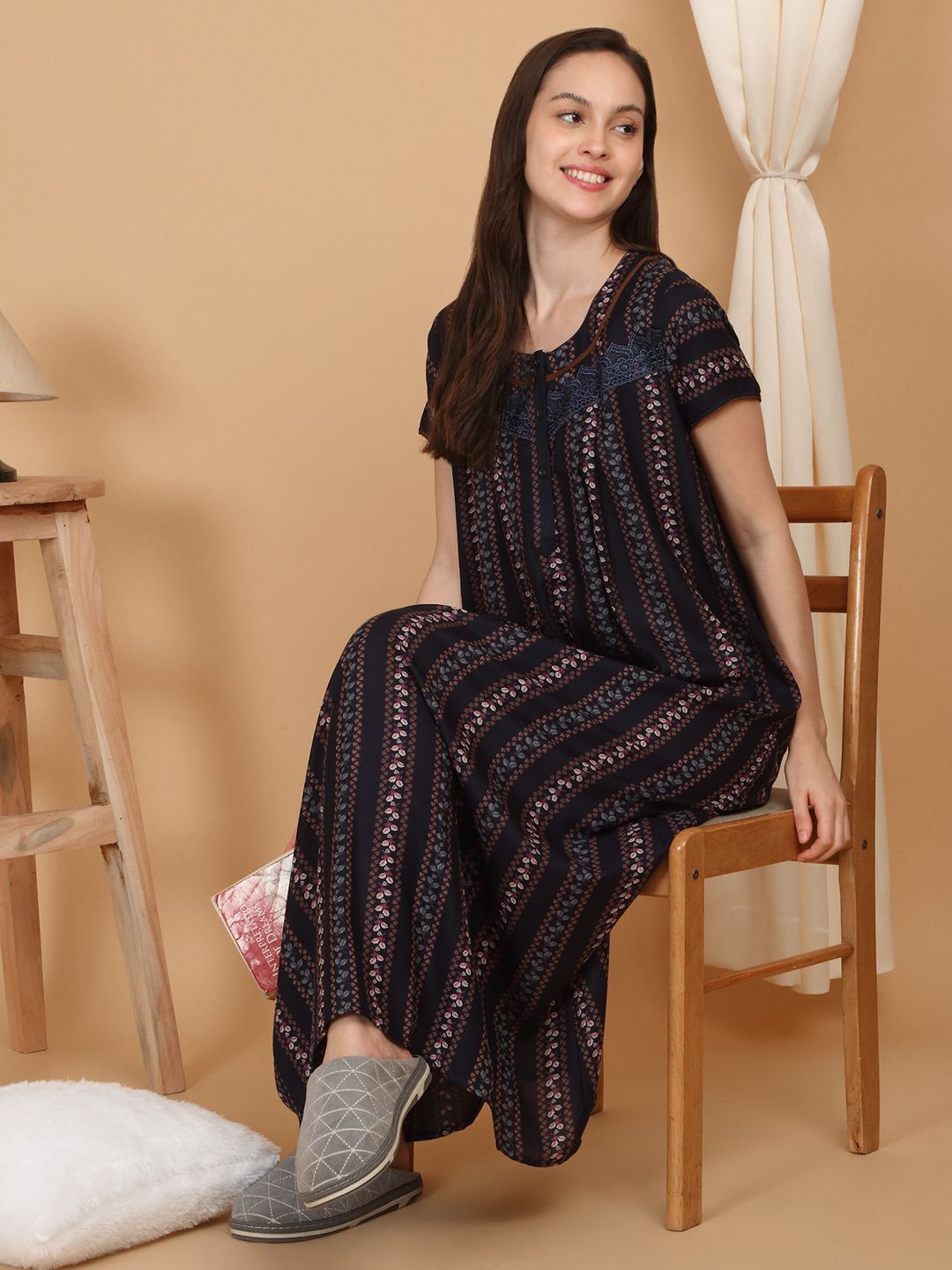 

SAANJ Printed Maxi Nightdress, Navy blue