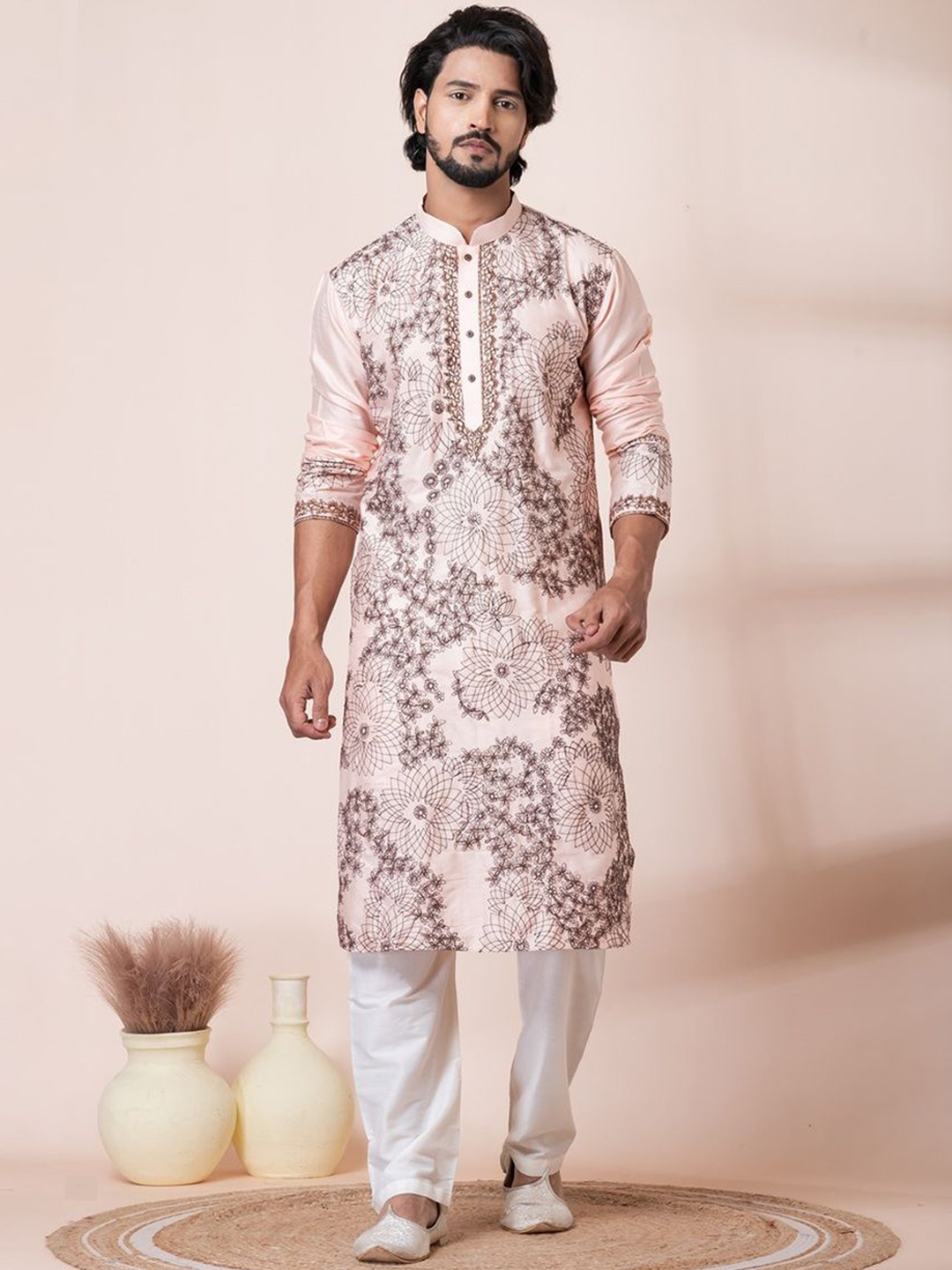 

HU - Handcrafted Uniquely Men Floral Embroidered Handloom Kurta, Peach