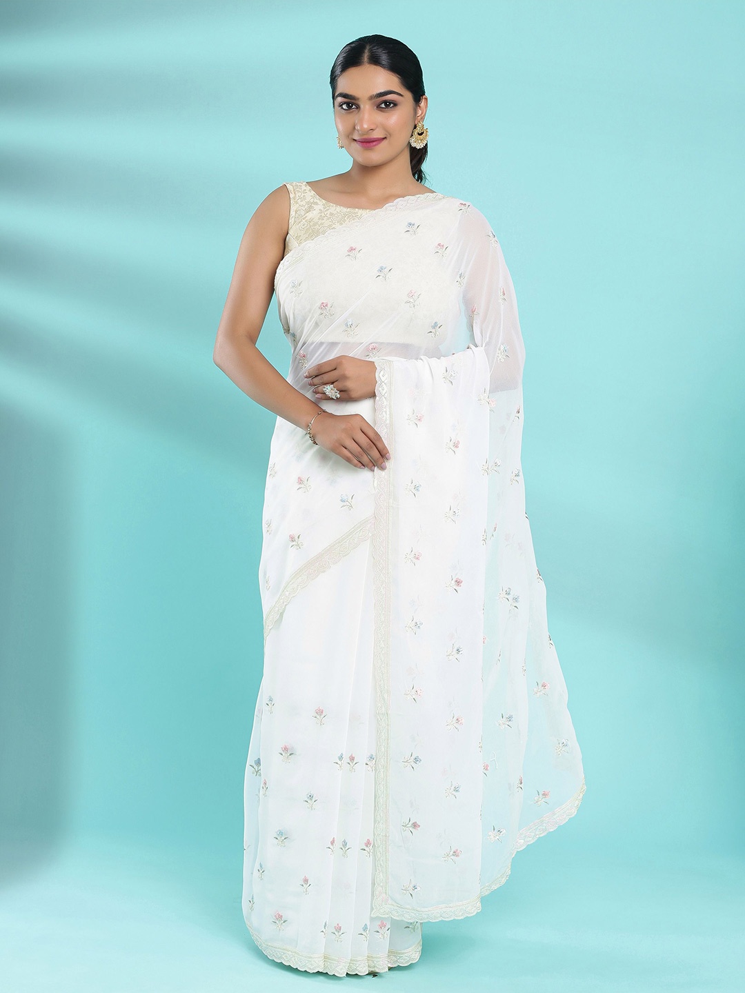 

Kalyan Silks Floral Sequinned Poly Georgette Saree, Off white