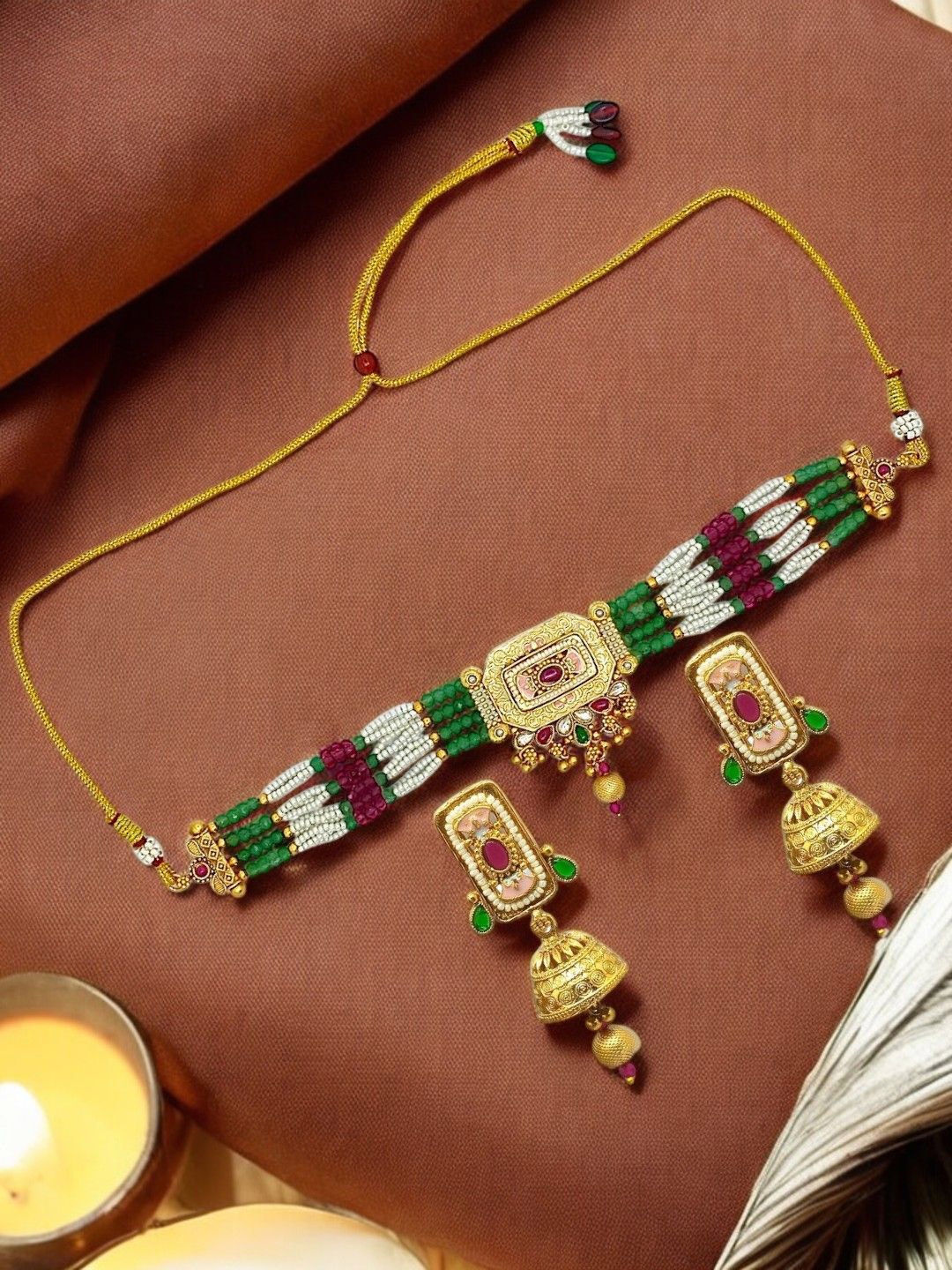 

FEMMIBELLA Gold-Plated Stone Studded & Beaded Jewellery Set