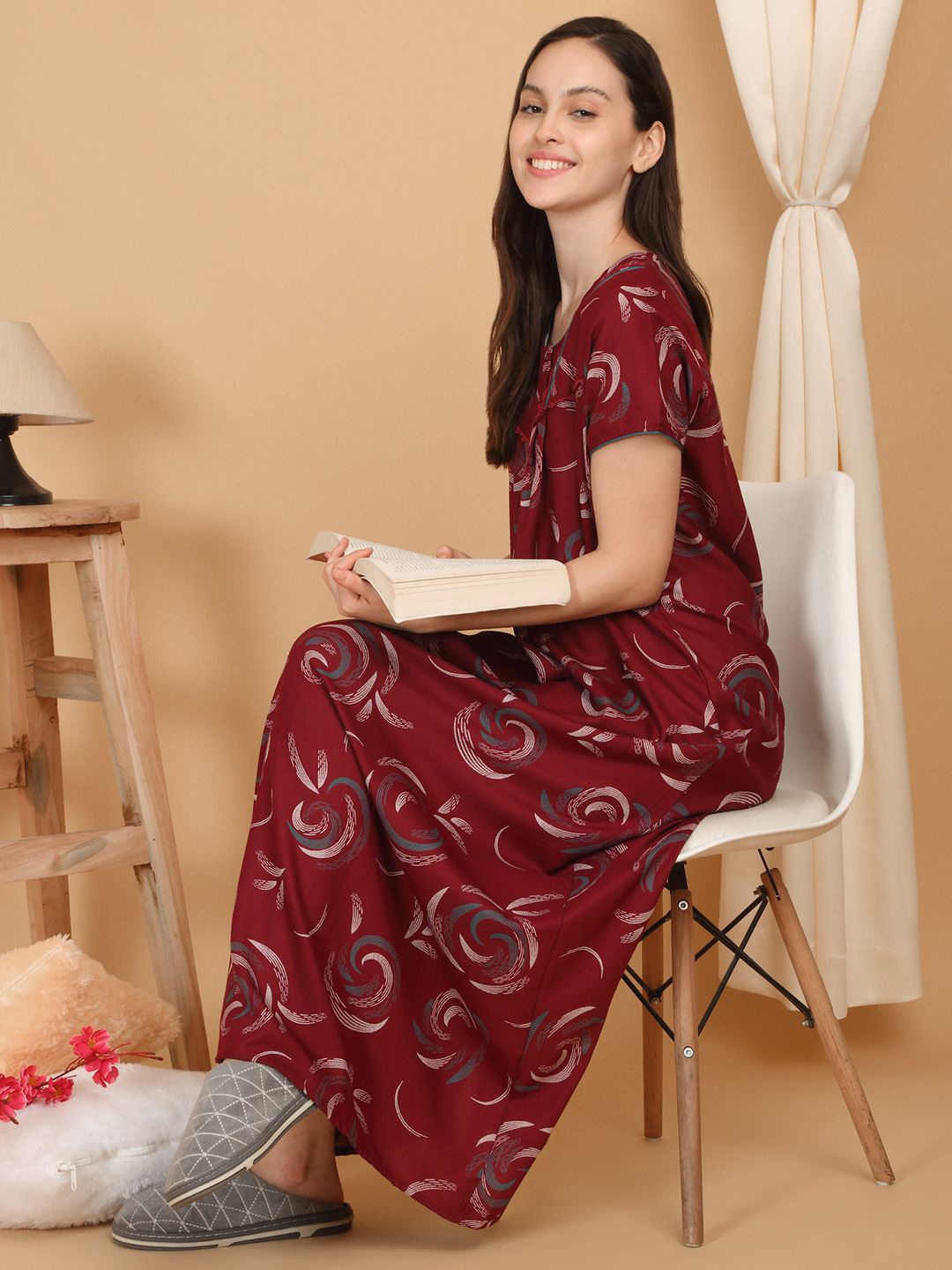 

SAANJ Printed Maxi Nightdress, Maroon