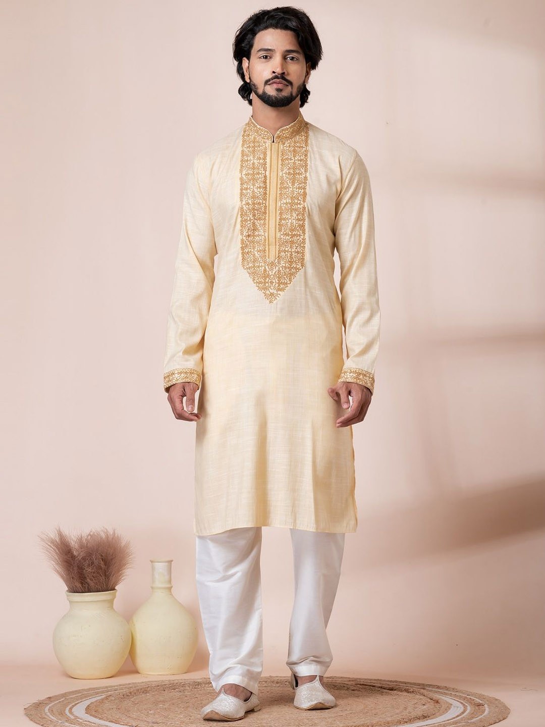 

HU - Handcrafted Uniquely Men Yoke Design Kurta, Beige
