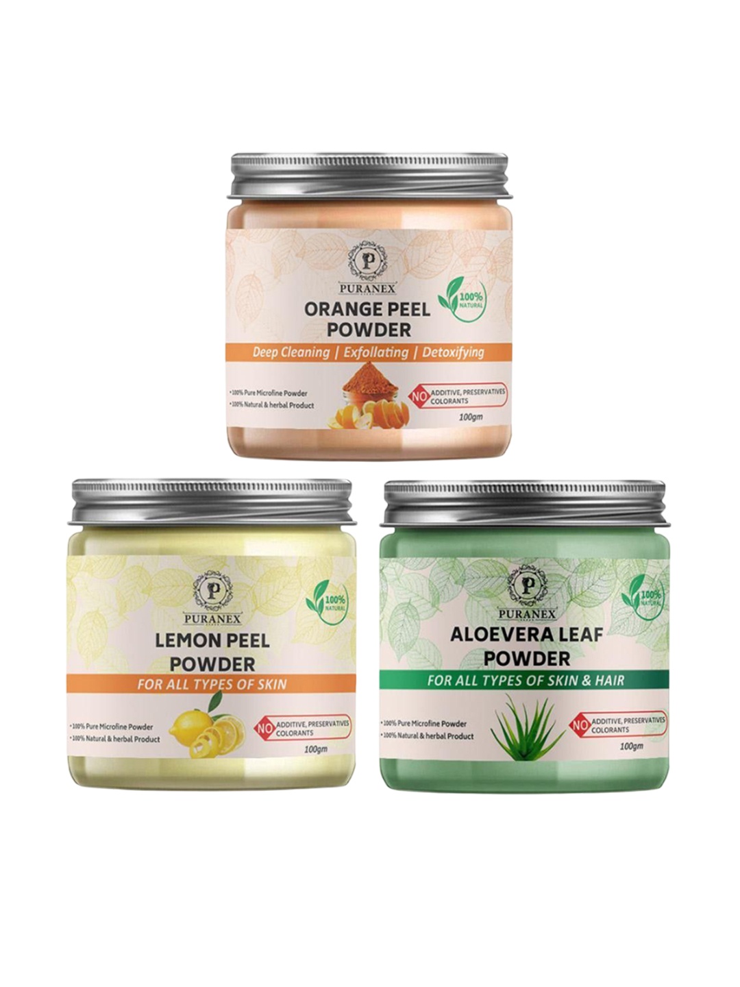 

Puranex Set Of 3 Orange Peel, Lemon Peel & Aloe Vera Leaf Powder Face Pack, White
