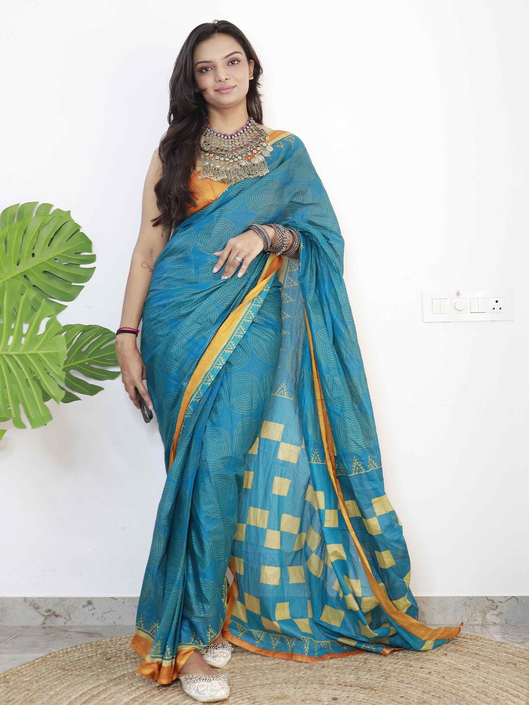 

HERE&NOW Pure Cotton Bagru Saree, Turquoise blue