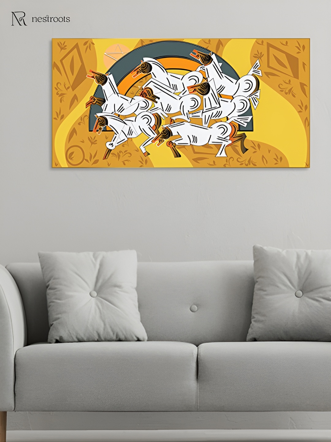 

nestroots Yellow & White Seven Horses of Fortune Care Canvas Religious Wall Painting