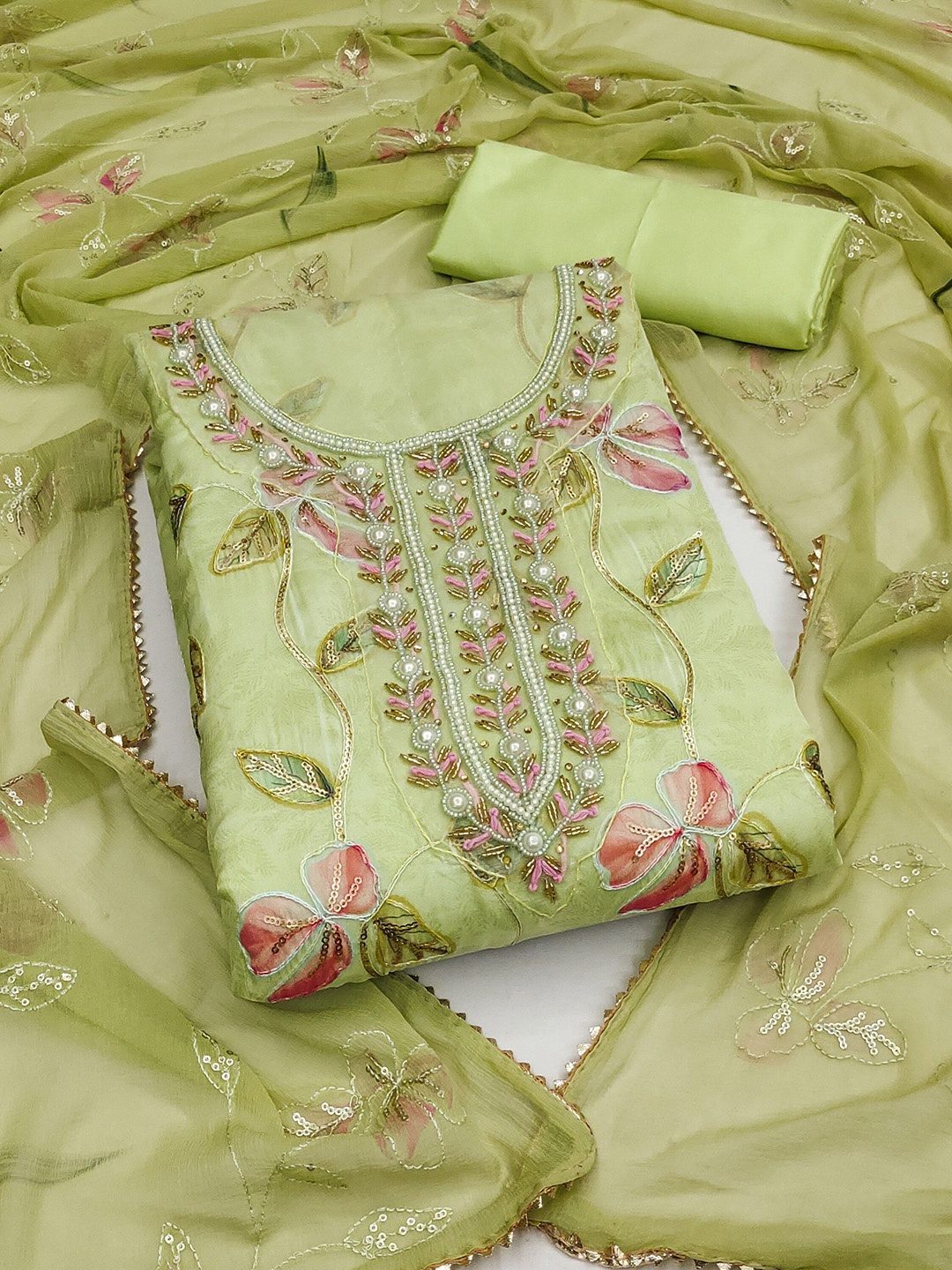 

Maroosh Floral Embellished Organza Unstitched Dress Material, Green
