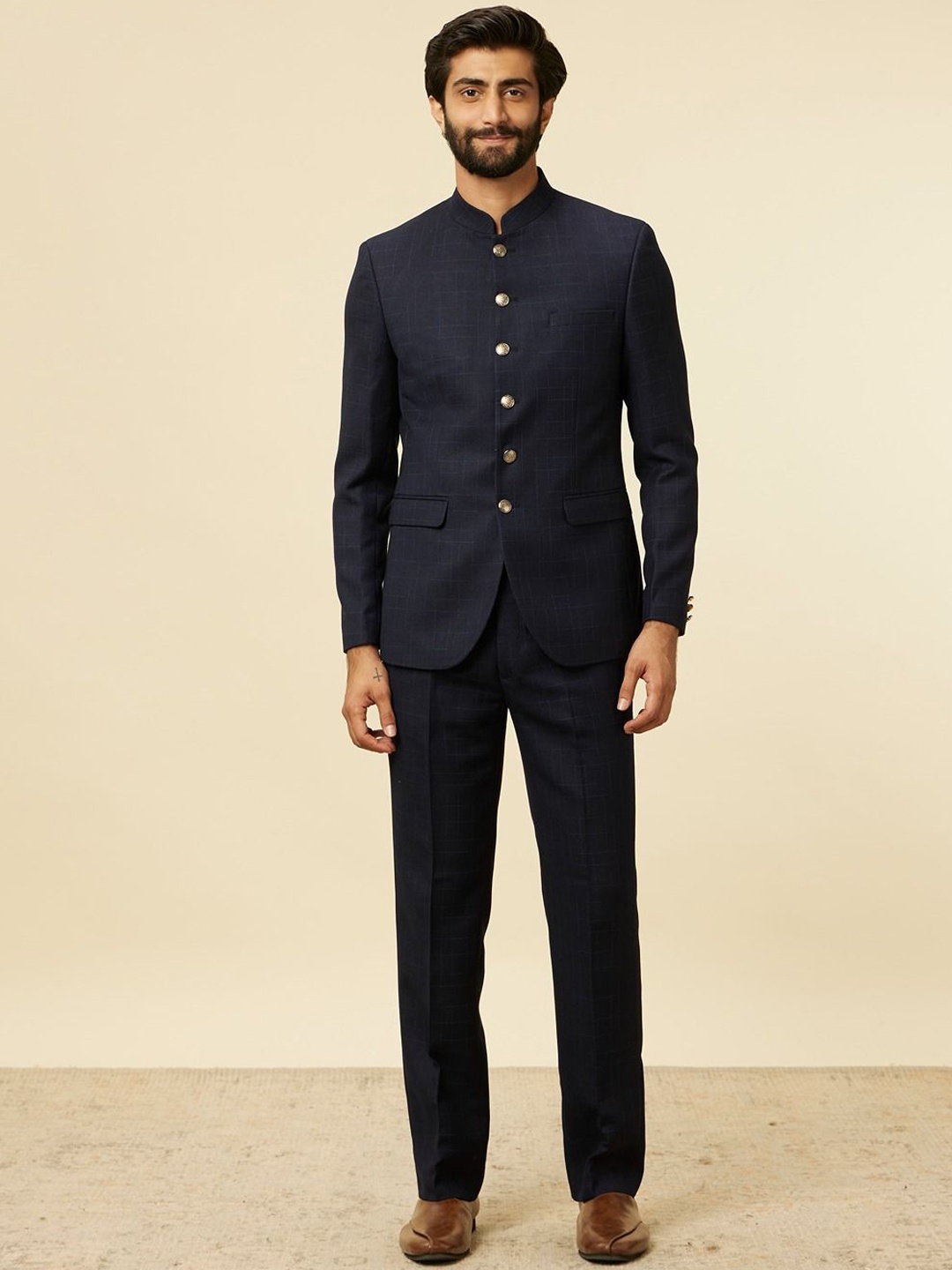 

Manyavar Self Design Tailored Fit Two Piece Suits, Blue